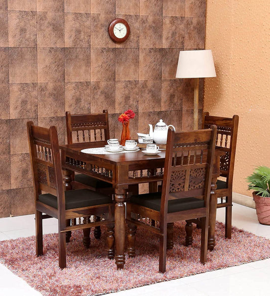 Furnisquare Solid Sheesham Wood Traditional Dining Table 4 Seater | Four Seater Dinning Table with Four Chairs with Cushion for Home | Dining Room Sets for Restaurants & Cafe | Dark Brown