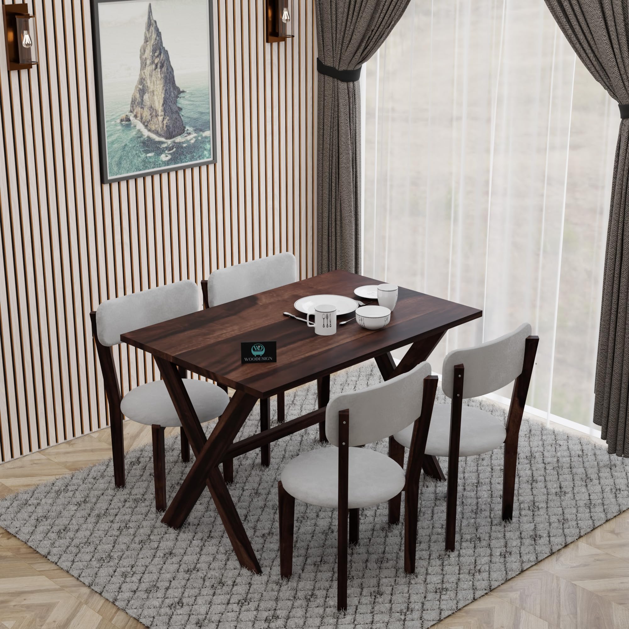 WOODESIGN Solid Sheesham Wood Rectangle 45 Inch Dining Table 4 Seater | 4 Chairs with Premium White Cushion in Base & Back | Wooden Kitchen Dinner Table Four Seater | Walnut Finish