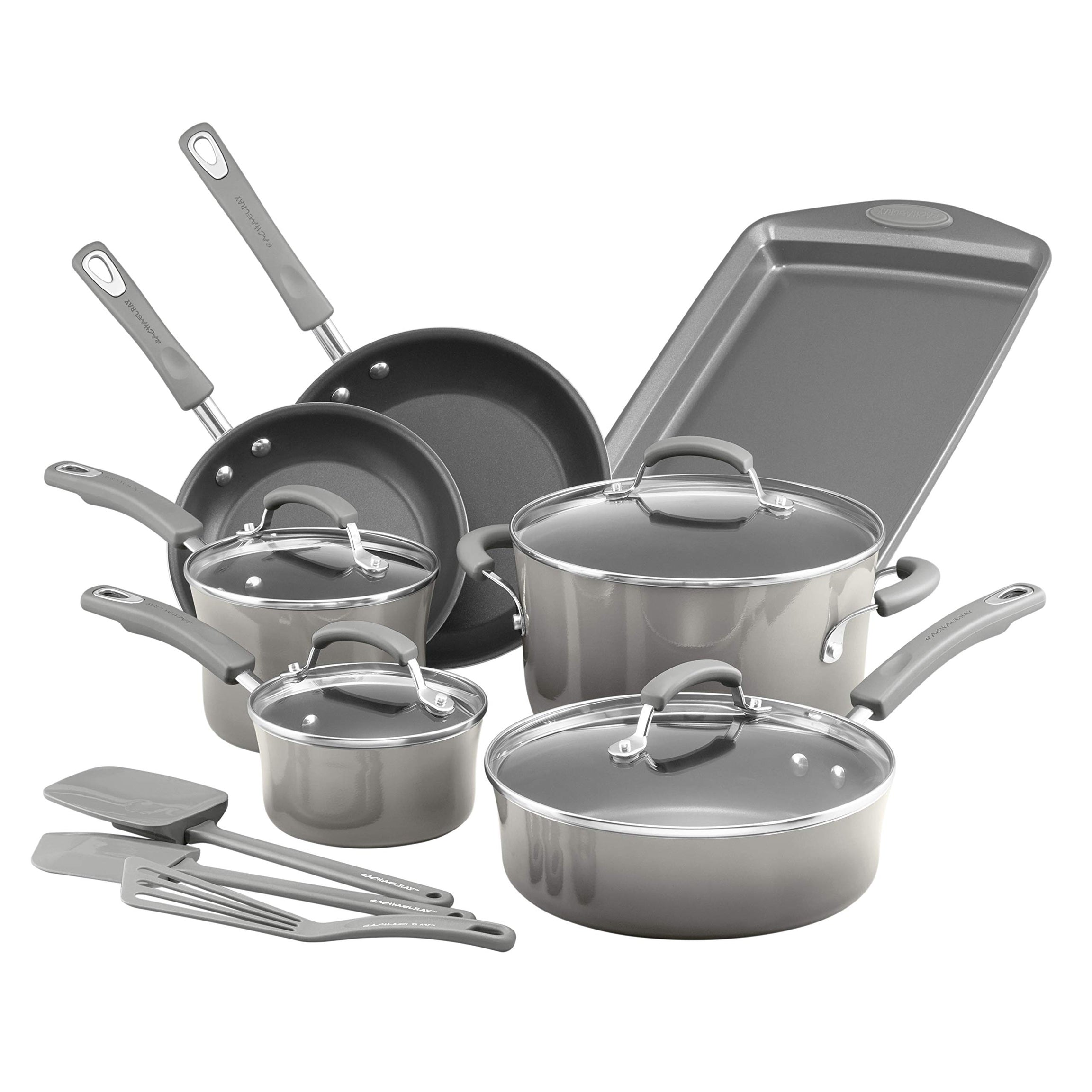 Rachael Ray 19019 Brights Nonstick Cookware Pots and Pans Set, 14 Piece, Sea Salt Gray