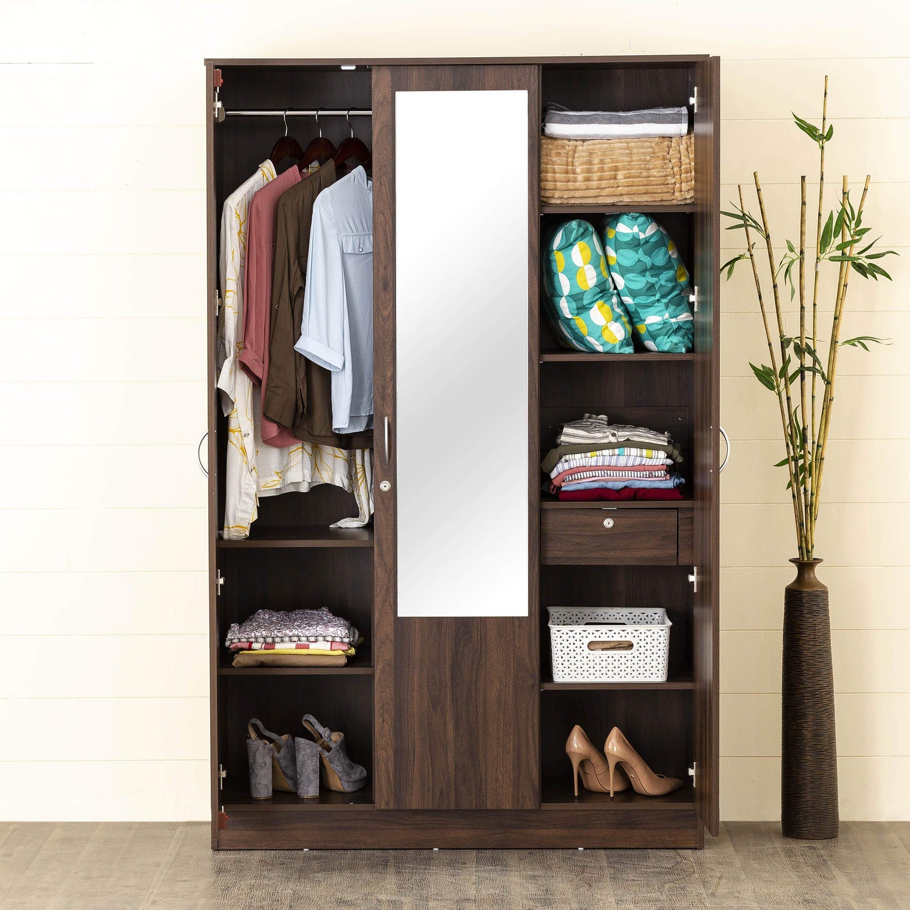 Home Centre Lewis 3-Door Wardrobe with Mirror - Brown (Engineered Wood)