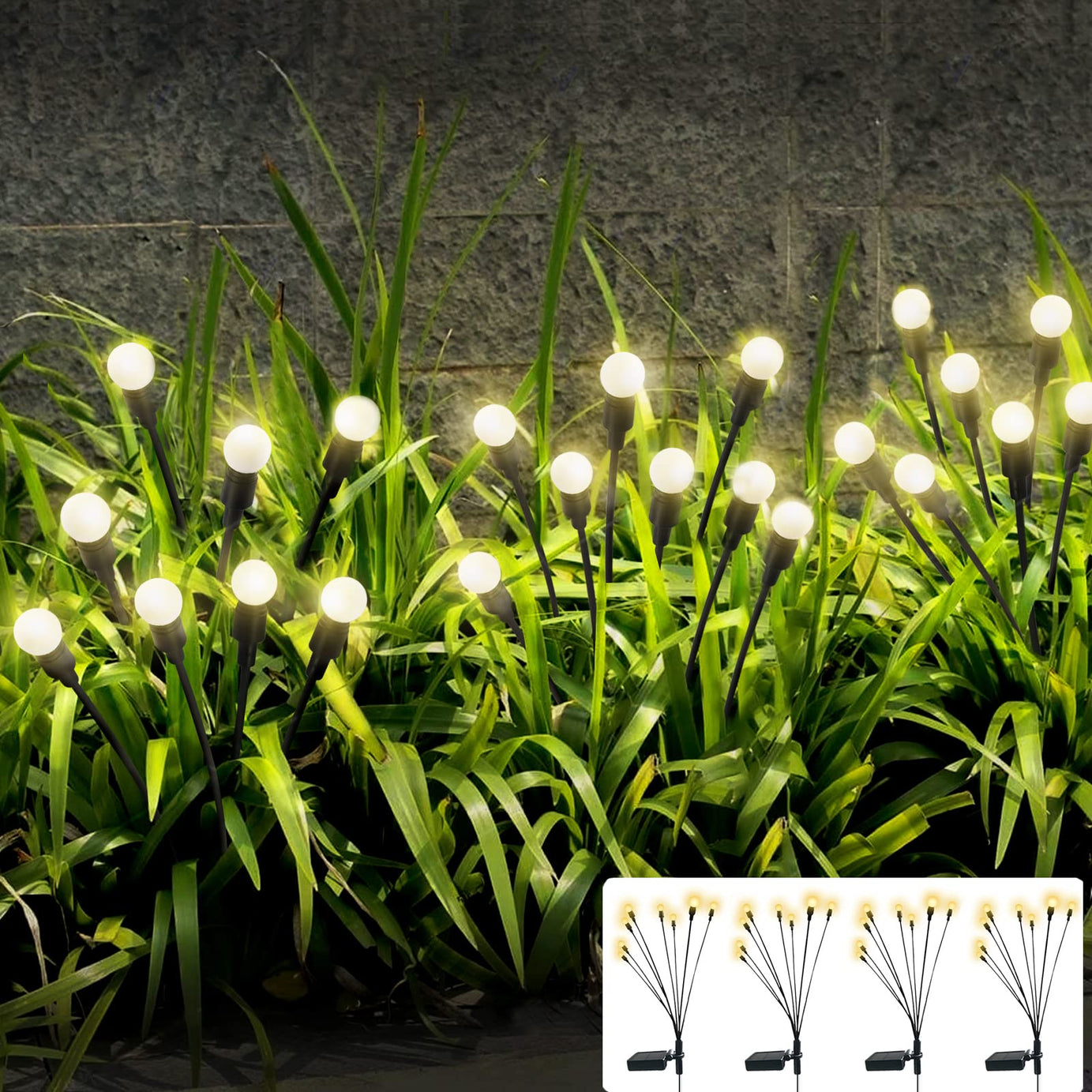 Jurasnow 4Psc Solar Powered Firefly Lights Outdoor Waterproof, Solar Starburst Swaying Garden Lights, Swaying When Wind Blows Solar Garden Lights Outdoor (Warm | 8Led Bulbs-4Pack) - Abs