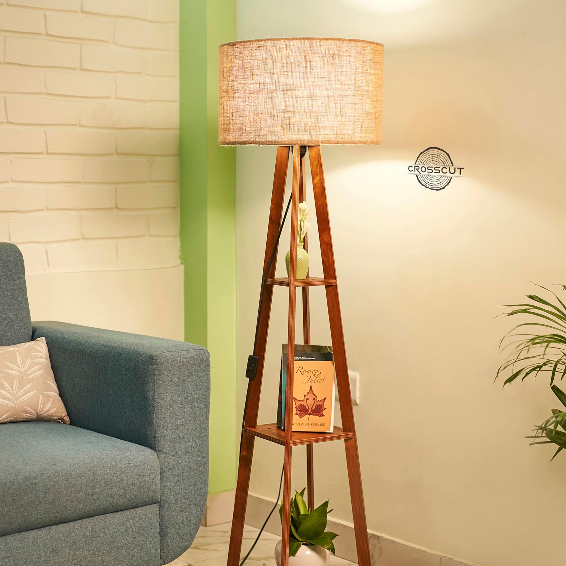 Crosscut Furniture Wooden Floor Lamp with shelf (Natural Jute). LED bulb included