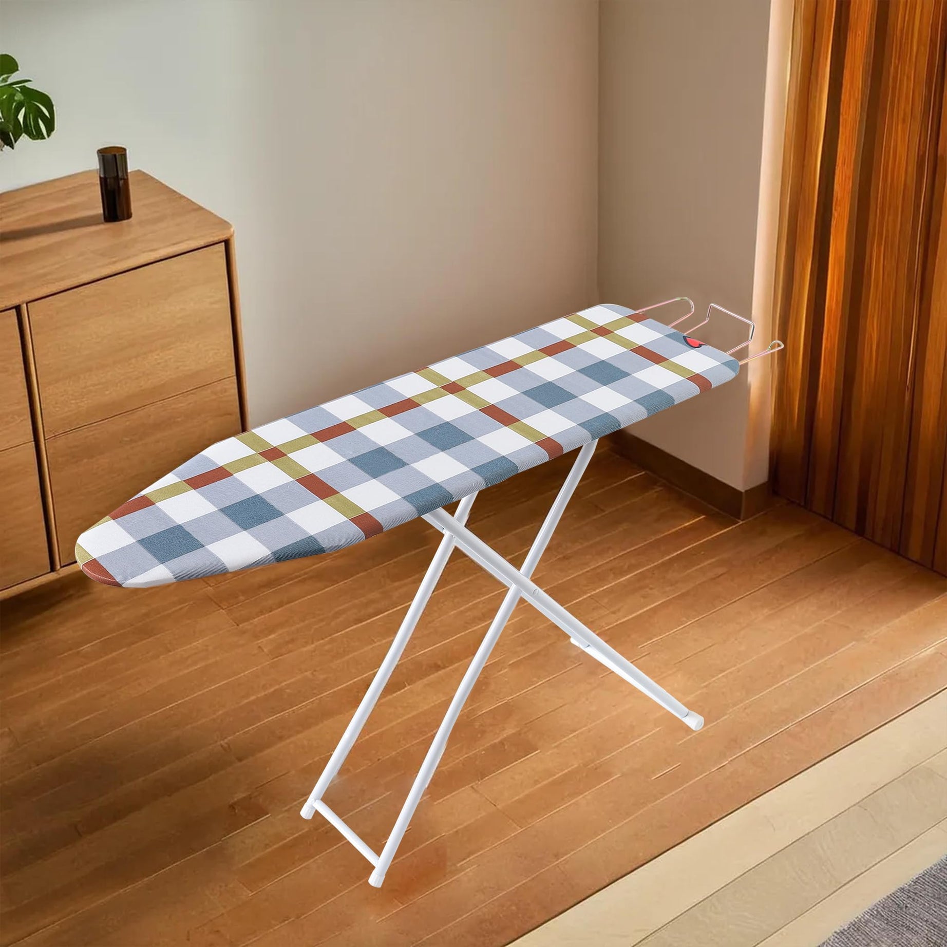 Kuber Industries 42 Inch Ironing Board | Foldable & Adjustable Ironing Stand for Cloth | Ironing Table with Iron Holder | Tabletop Thick Padding Ironing Board | Checked | BEY240101 | Multicolor