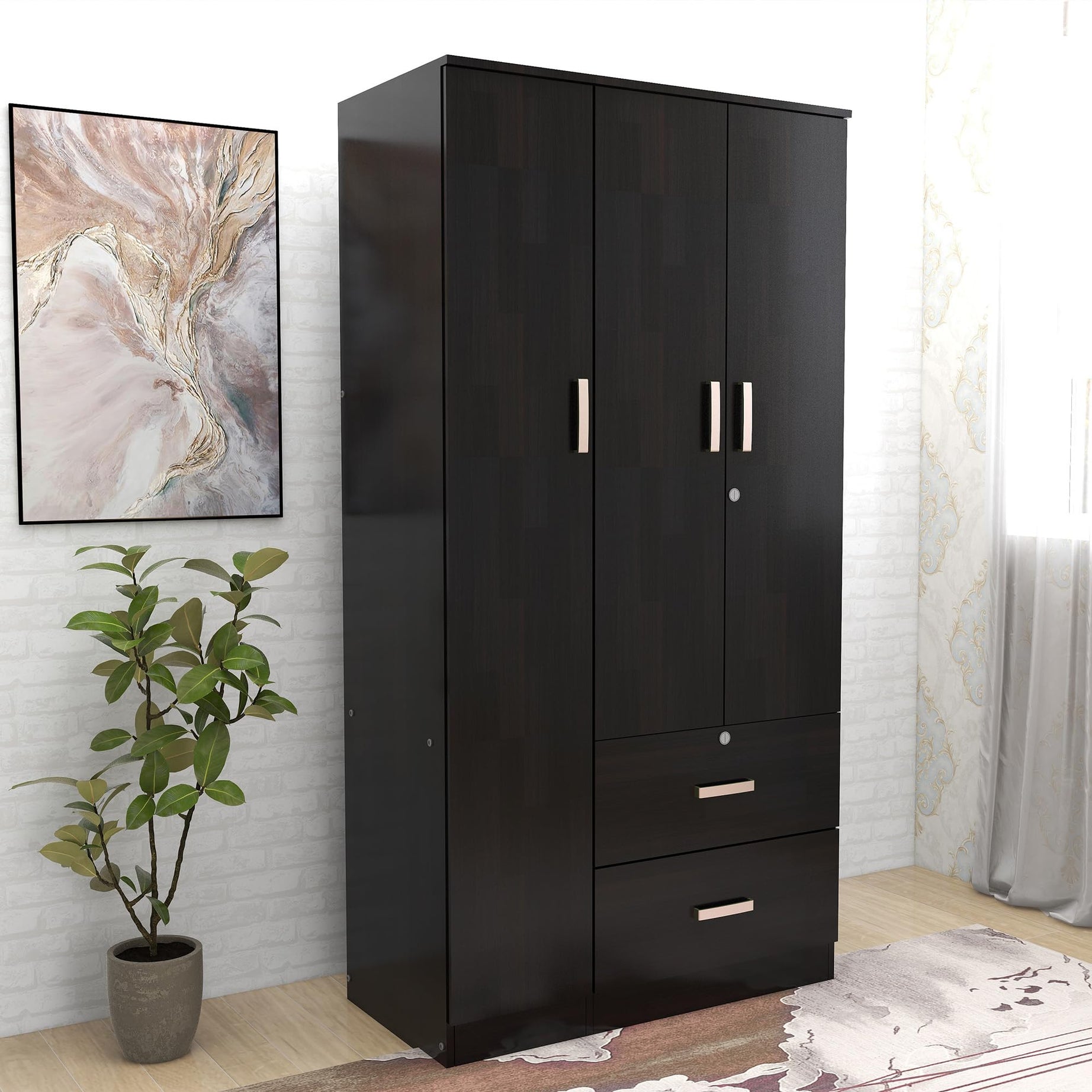 Amazon Brand - Solimo Wardrobe | 1 Year Warranty | 3 Doors Cupboard, Ren, with Drawer, Wooden Almirah Wenge Colour (Melamine Finish)