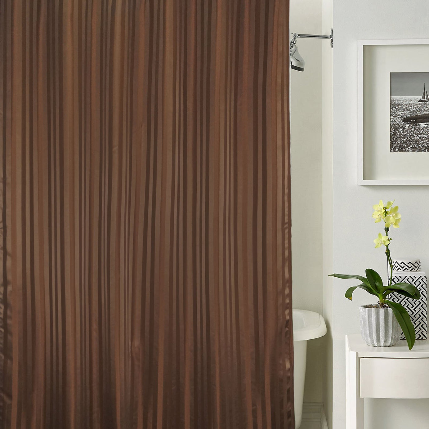 Lushomes Shower Curtain, Striped Brown Satin Stripe, Polyester Waterproof 6x6.5 ft with Hooks, Non-PVC, Non-Plastic, for Washroom, Balcony for Rain, 12 Eyelet & Hooks (6 ft W x 6.5 Ft H, Pk of 1)