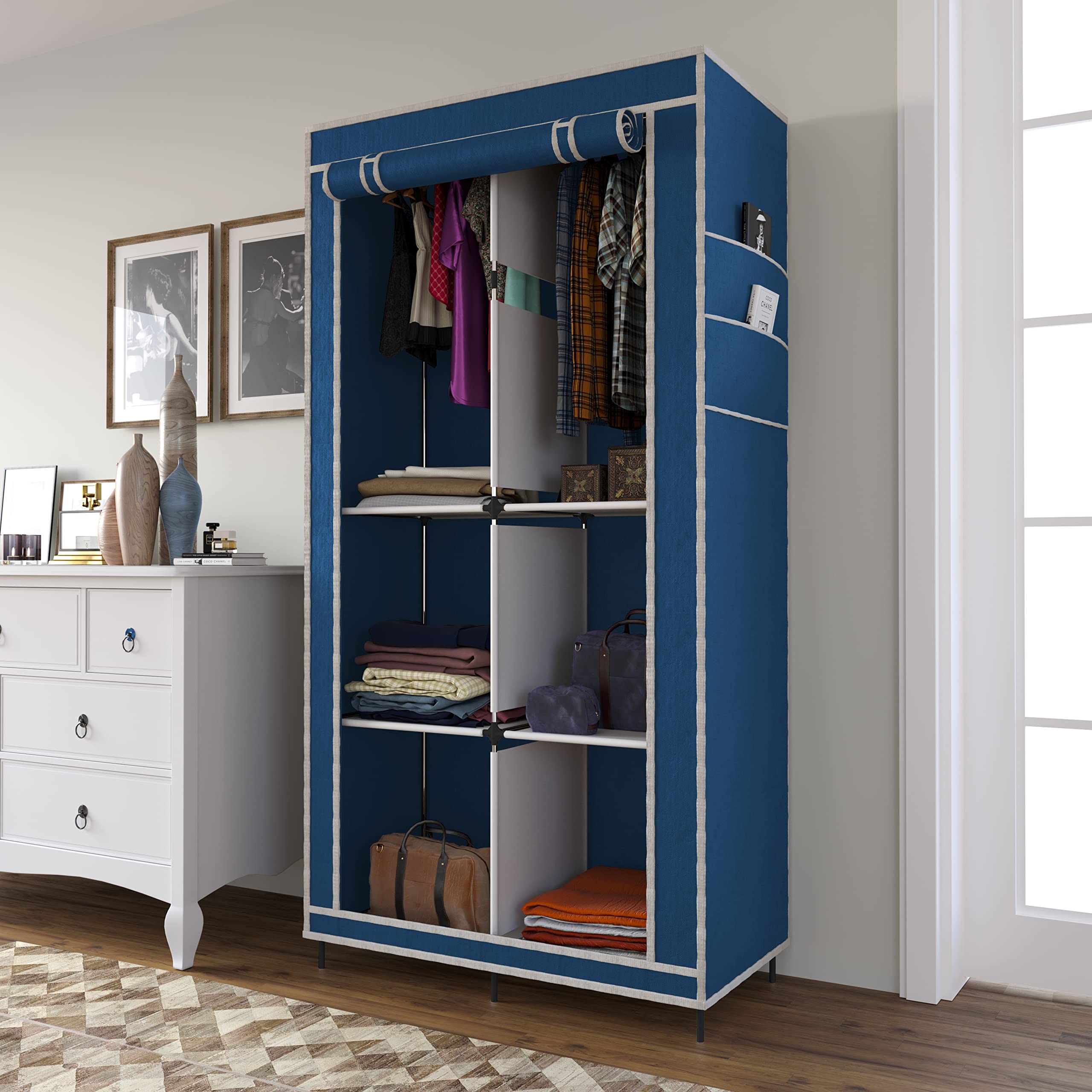 GTC® Collapsible Wardrobe Closet for Clothes Almira, 2 Hanging Space, 6 Shelves, 1 Side Pocket Non-Woven Fabric 7700-3 (Blue)