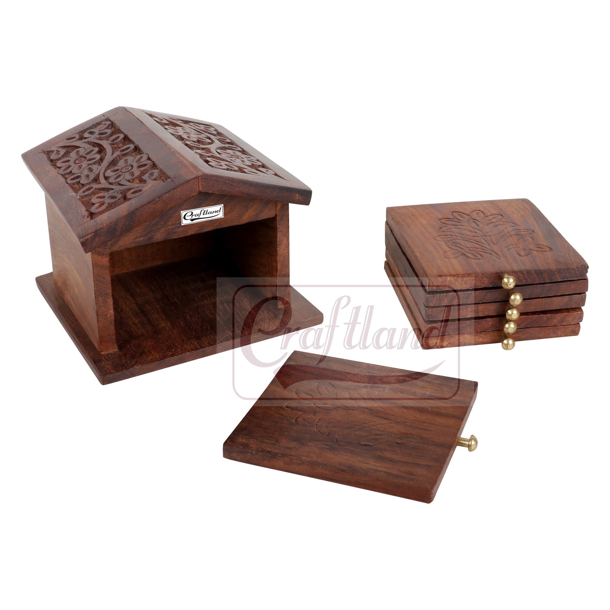 Craftland Wooden Handcrafted (Carved) hut Shaped Coaster Set of 6 for Kitchen/Dining Table Decorative Item for Table/Home