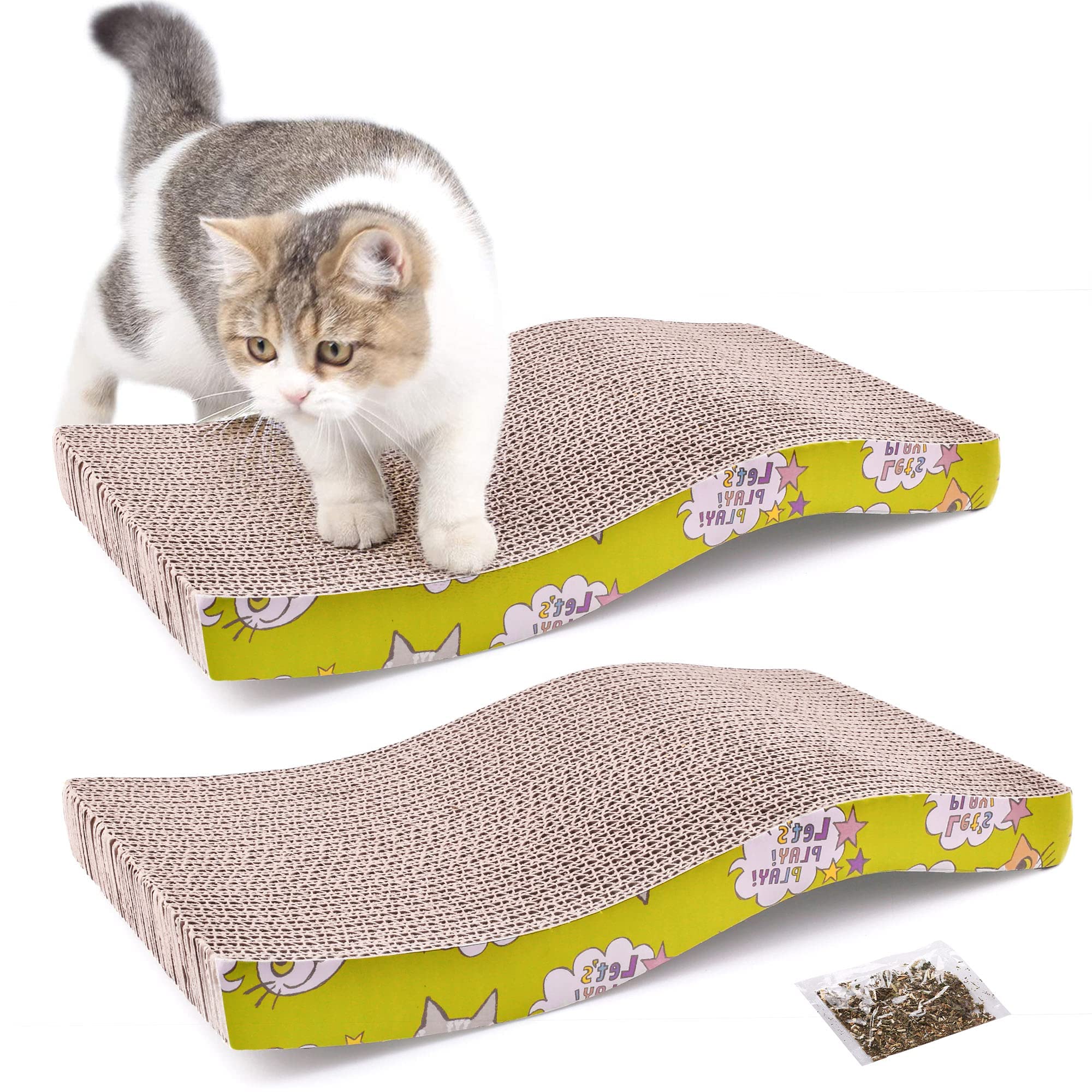 PrimePets Cat Scratching Pad with Catnip, 2 Pack Corrugated Cat Scratcher Cardboard for Indoor Cats, Wave Shaped Reversible Board Kitten Lounge for Furniture Protector, Durable Texture Design