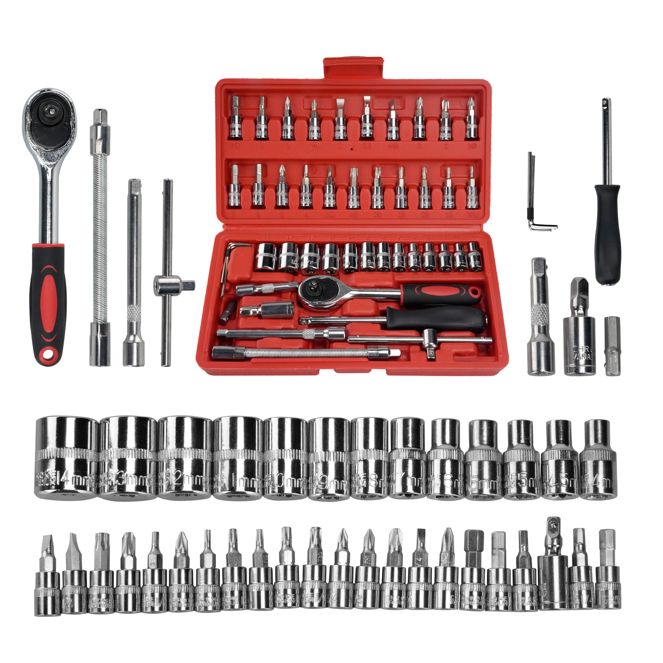 ENON Hand Tool Kit (46 Pcs) Household|1/4 Drive Socket|Screwdriver Wrench Set For Bike,Car Repairs&More|Spanner&Socket Set|All Size Tool Kit Goti Pana Set|Perfect For Diy Enthusiasts,Red