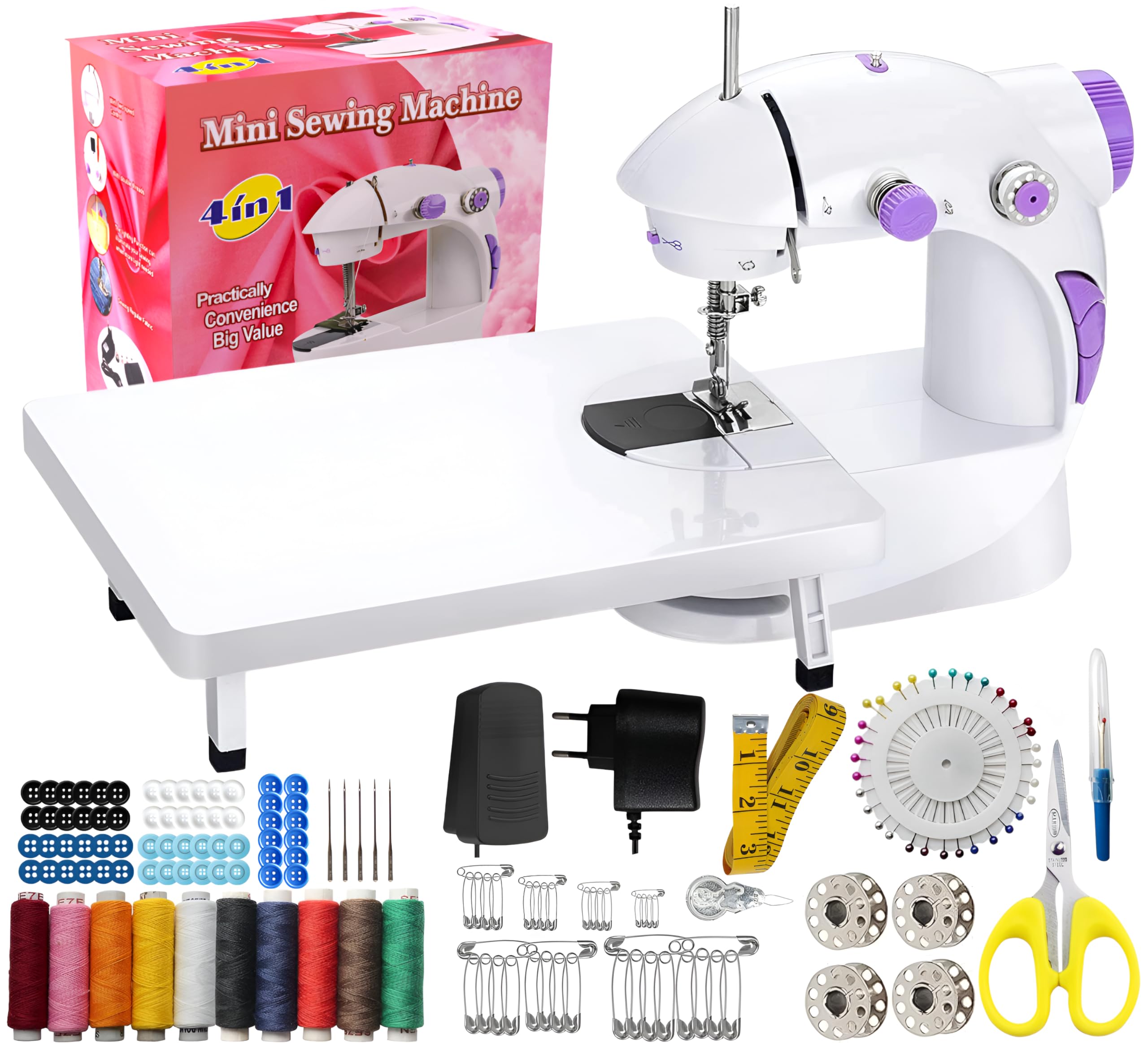 CATIVE Mini Sewing Machine with Table Set | Tailoring Machine | Hand Sewing Machine with extension table, foot pedal, adapter, White With Fully Loaded Sewing Kit