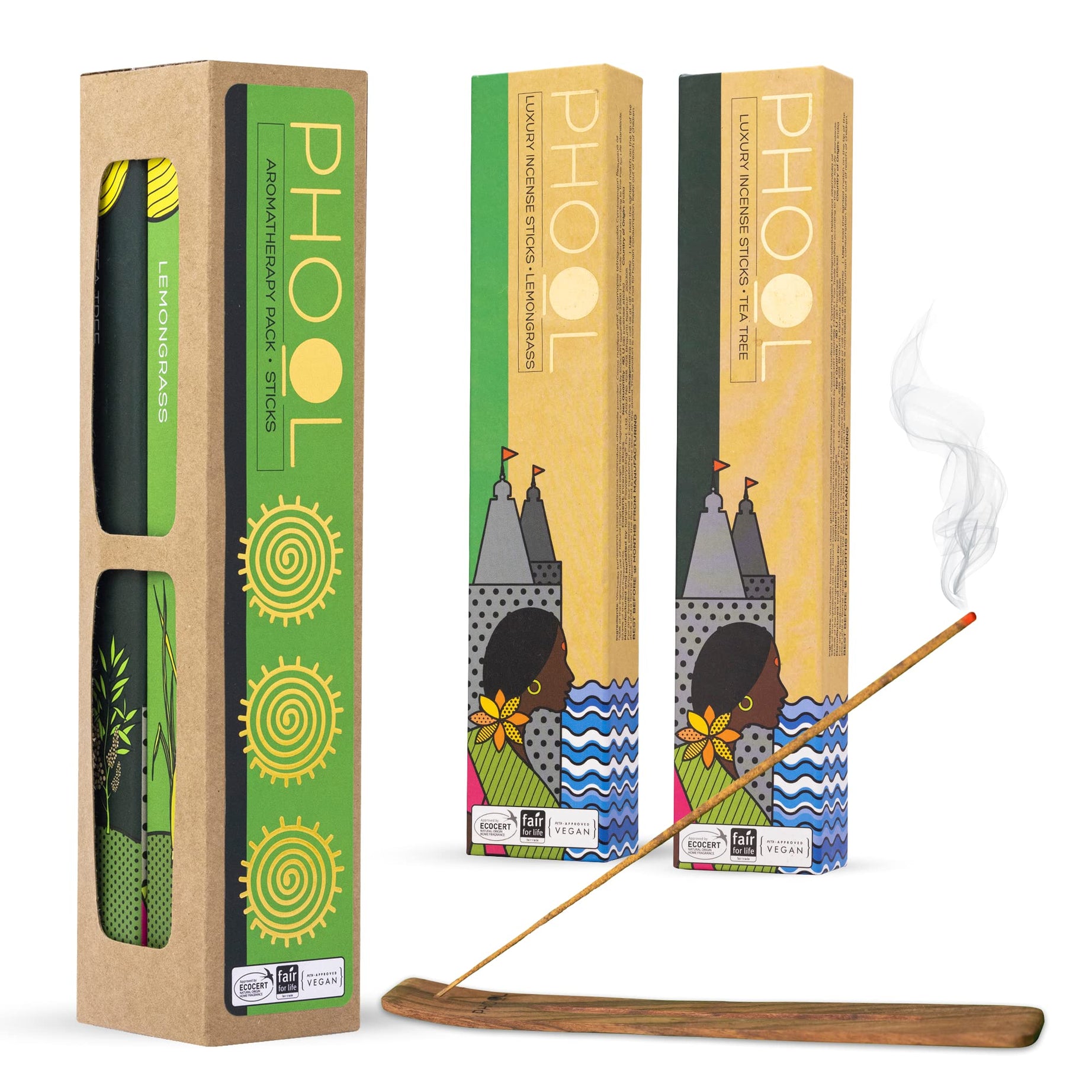 Phool Pack of 2 Natural Incense Sticks, Aromatherapy Pack (80 Organic Agarbatti Sticks - Tea Tree & Lemongrass | Special Navratri & Gudi Padwa Pack Free Wooden Stand |100% Organic & Handrolled