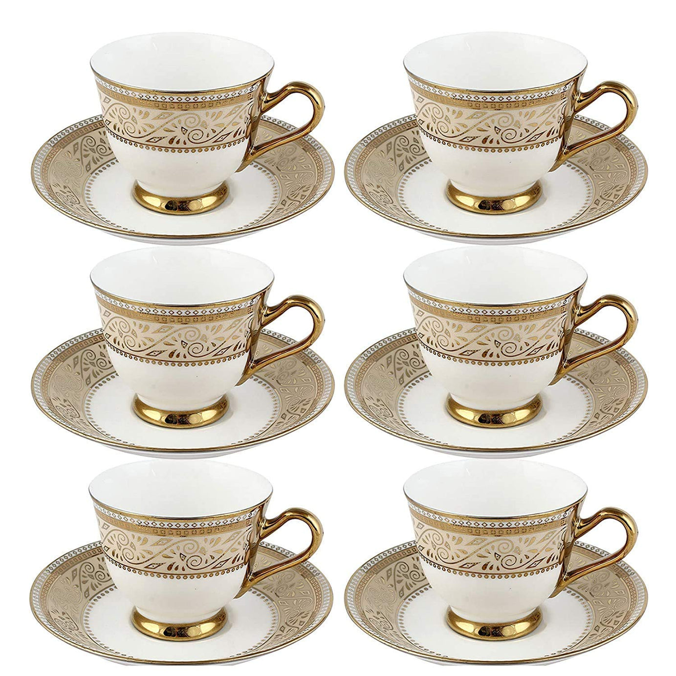 SkyKey Fine Bone China Indian Royal Look Golden Made Floral Printed Tea Cup and Saucer Set with Golden Handle- Pack of 6, (White, 180ML)