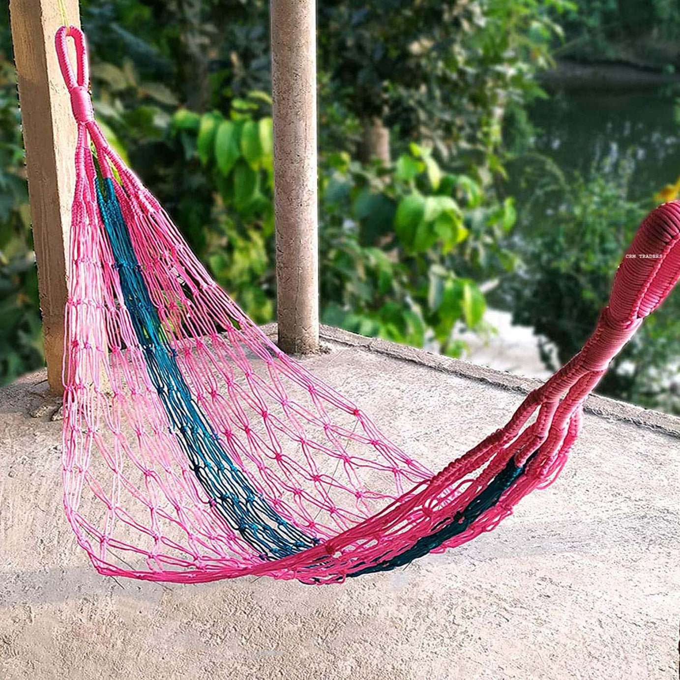 CRM TRADERS Nylon Rope Swing Hammock Hanging Mesh Relaxing Bed for Garden Outdoor Jhula - Pink