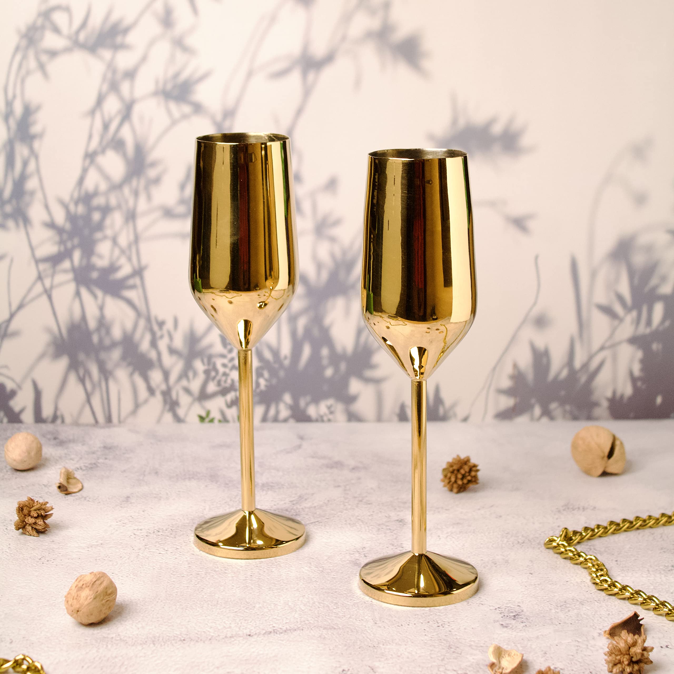 Exclusivish Shiny Gold Champagne Glasses with Gift Box (Set of 2) | Wine Glass | Cocktail Glasses | Anniversary Gift for Couple Special | Mocktail Glasses | Bar Accessories for Home