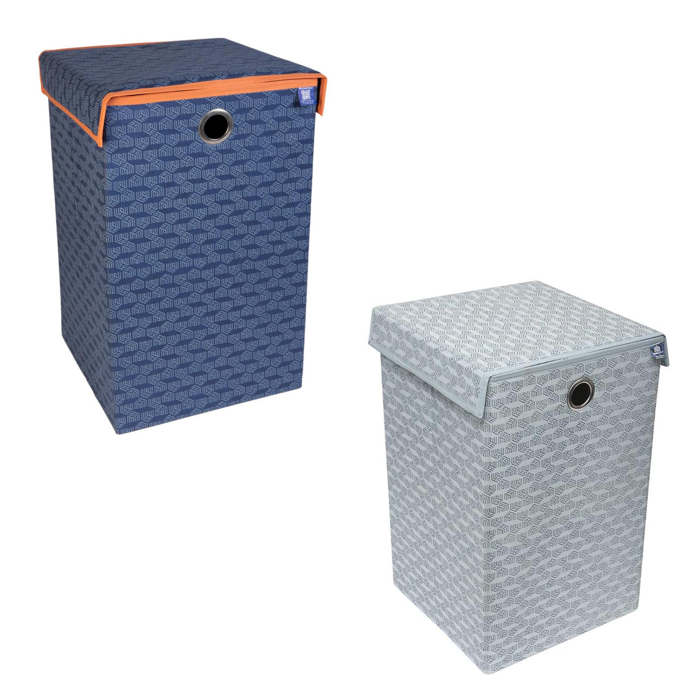 Homestrap Printed Foldable Laundry Bag/Bin Cum Basket with Lid and Handle Capacity- (75LTR) (Navy Blue & Grey) Pack of 2(Featured on Shark Tank)