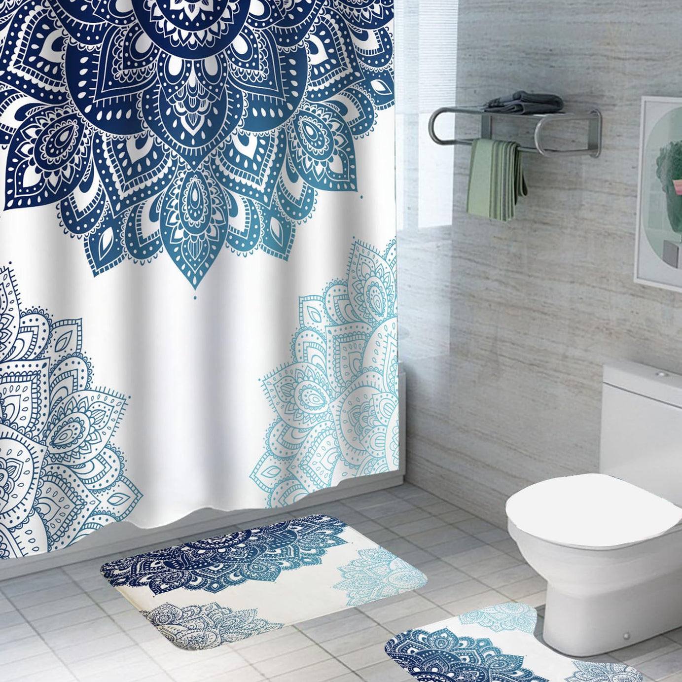 SAVYA HOME Shower Curtain (1) & Bathroom Mat (2) Set, Shower Curtains for Bathroom I, Waterproof Fabric I Anti Skid Mat for Bathroom Floor I Blue Mandala, Pack of 3