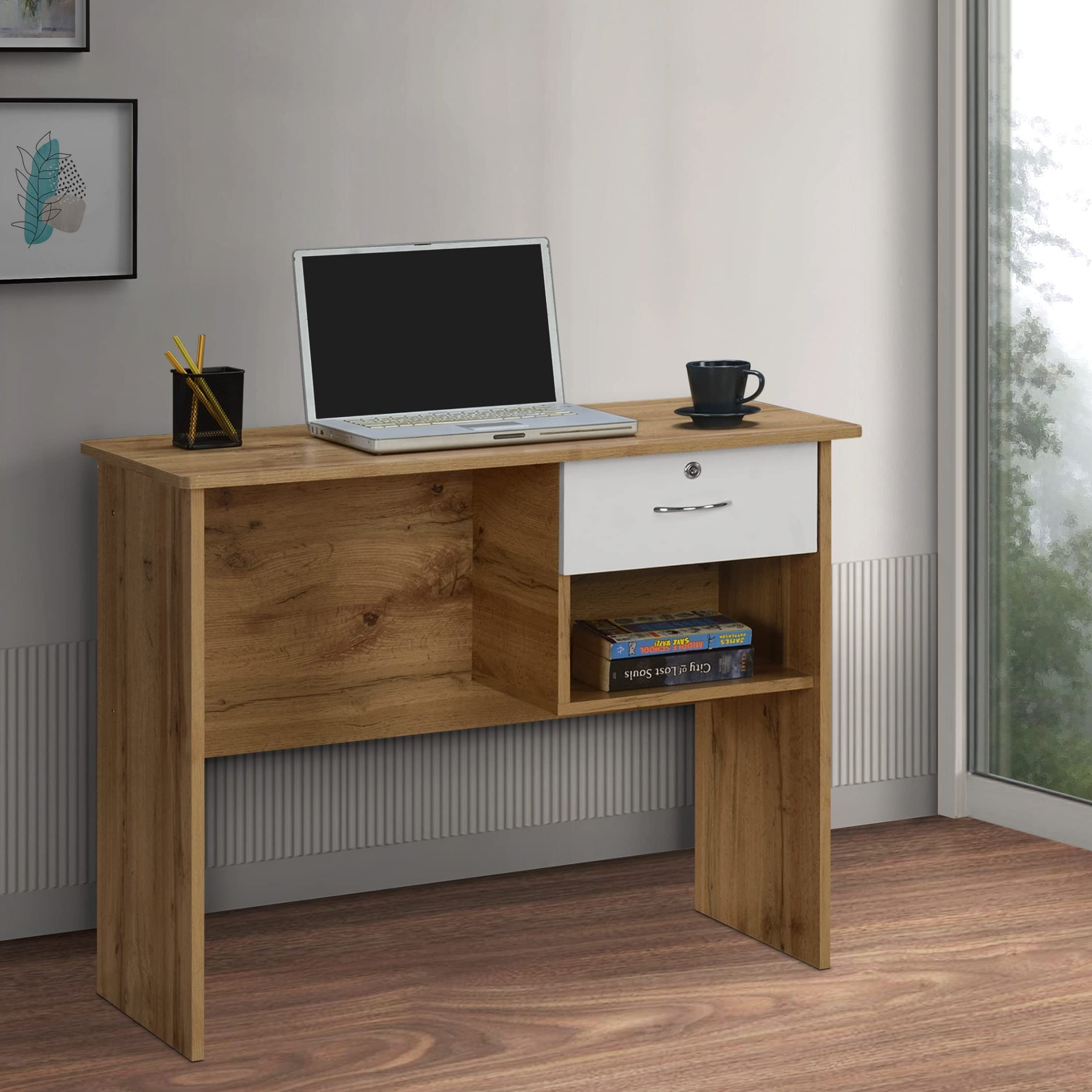 DeckUp Plank Yonne Engineered Wood Study Table and Office Desk (Wotan Oak and White, Matte Finish)