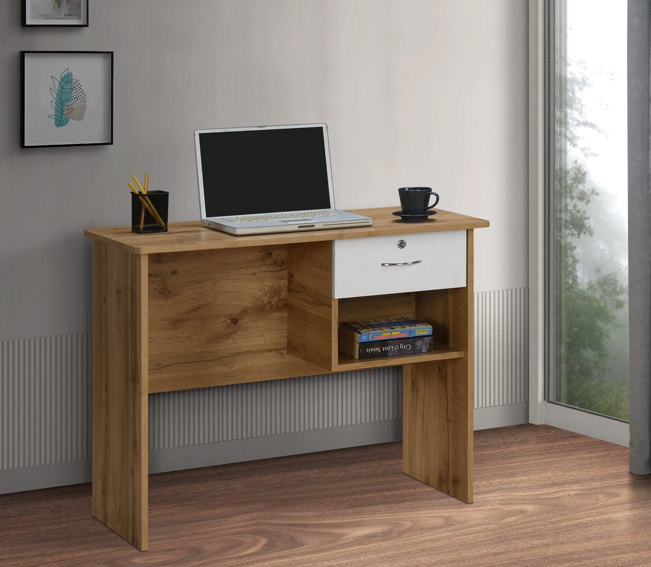 DeckUp Plank Yonne Engineered Wood Study Table and Office Desk (Wotan Oak and White, Matte Finish)