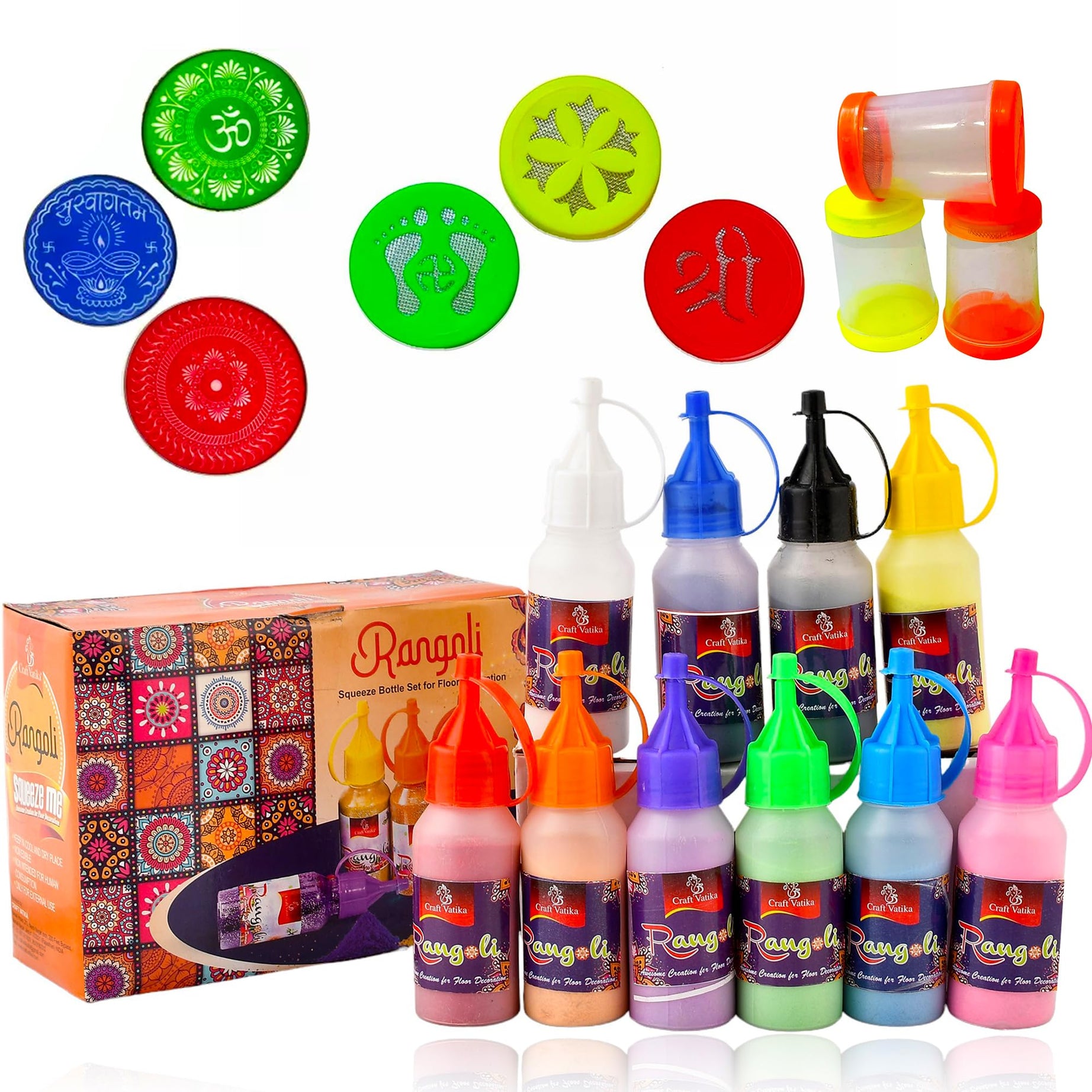 CraftVatika Rangoli Making Tools Kit - Set of 10 Rangoli Powder Bottles Tubes with Nozzles, 3 Stencils, 3 Fillers, 3 Stamp, Diwali Decoration Items for Home