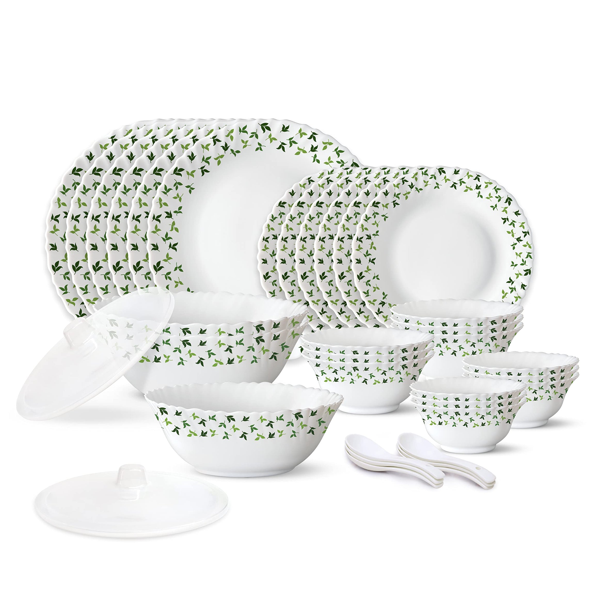 Larah by Borosil Sage Silk Series Opalware Dinner Set | 35 Pieces for Family of 6 | Microwave & Dishwasher Safe | Bone-Ash Free | Crockery Set for Dining & Gifting | Plates & Bowls | White,Floral