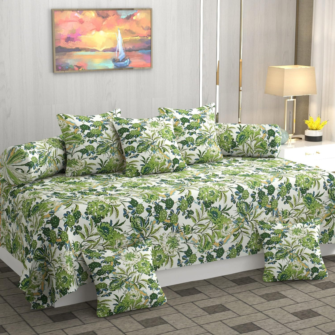 CHHILAKIYA 180 TC Diwan Set 8 Pcs | Pure Cotton | Designer Printed Diwan Set (1 Single Bedsheet, 2 Bolster Covers & 5 Cushion Covers) (White -Green)