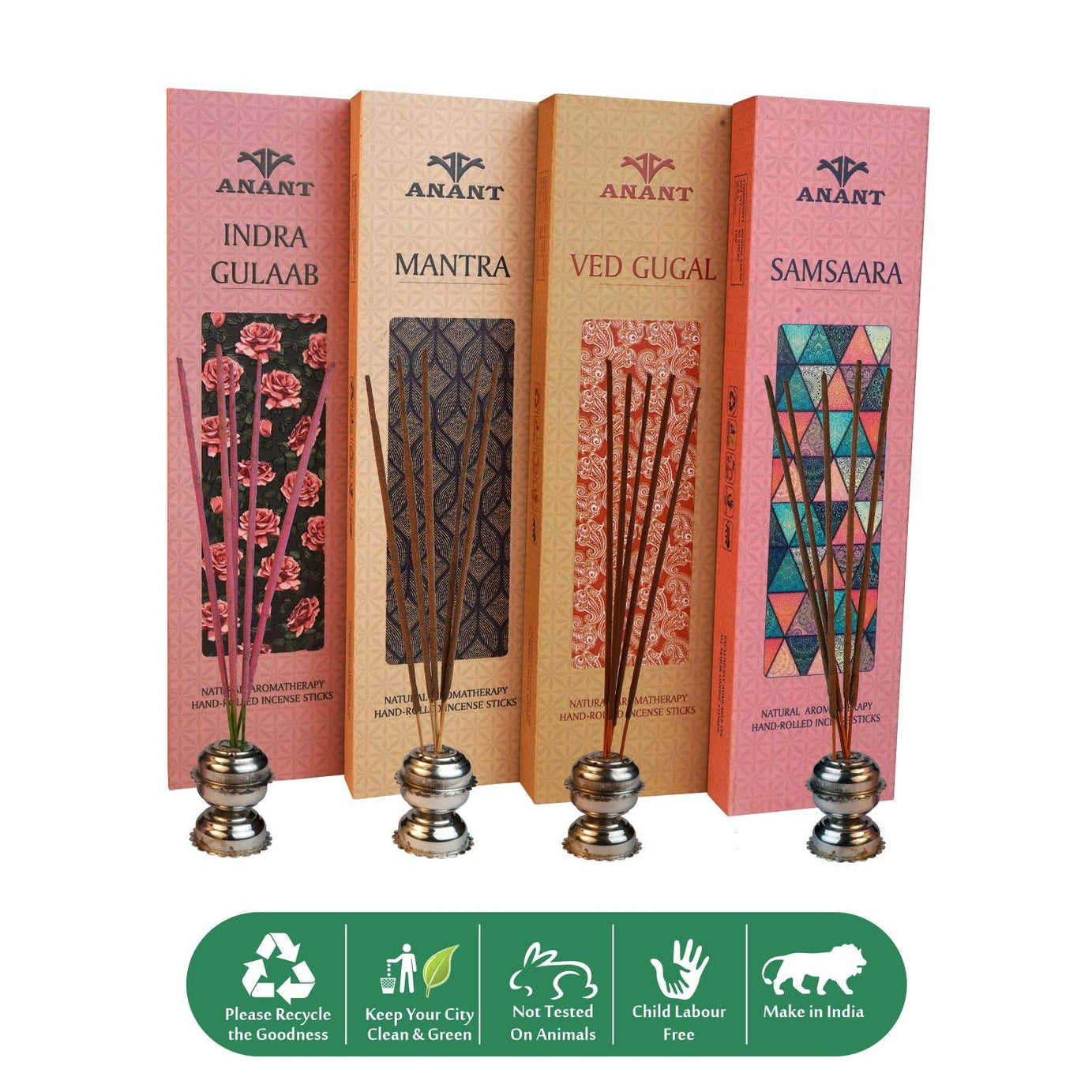 Anant Natural Hand Rolled Premium Fragrance Incense Sticks | Pack of 4 | Ved Gugal | Indra Gulab | Mantra | Samsaara | Spiritual Agarbattis - 40 Sticks/Box