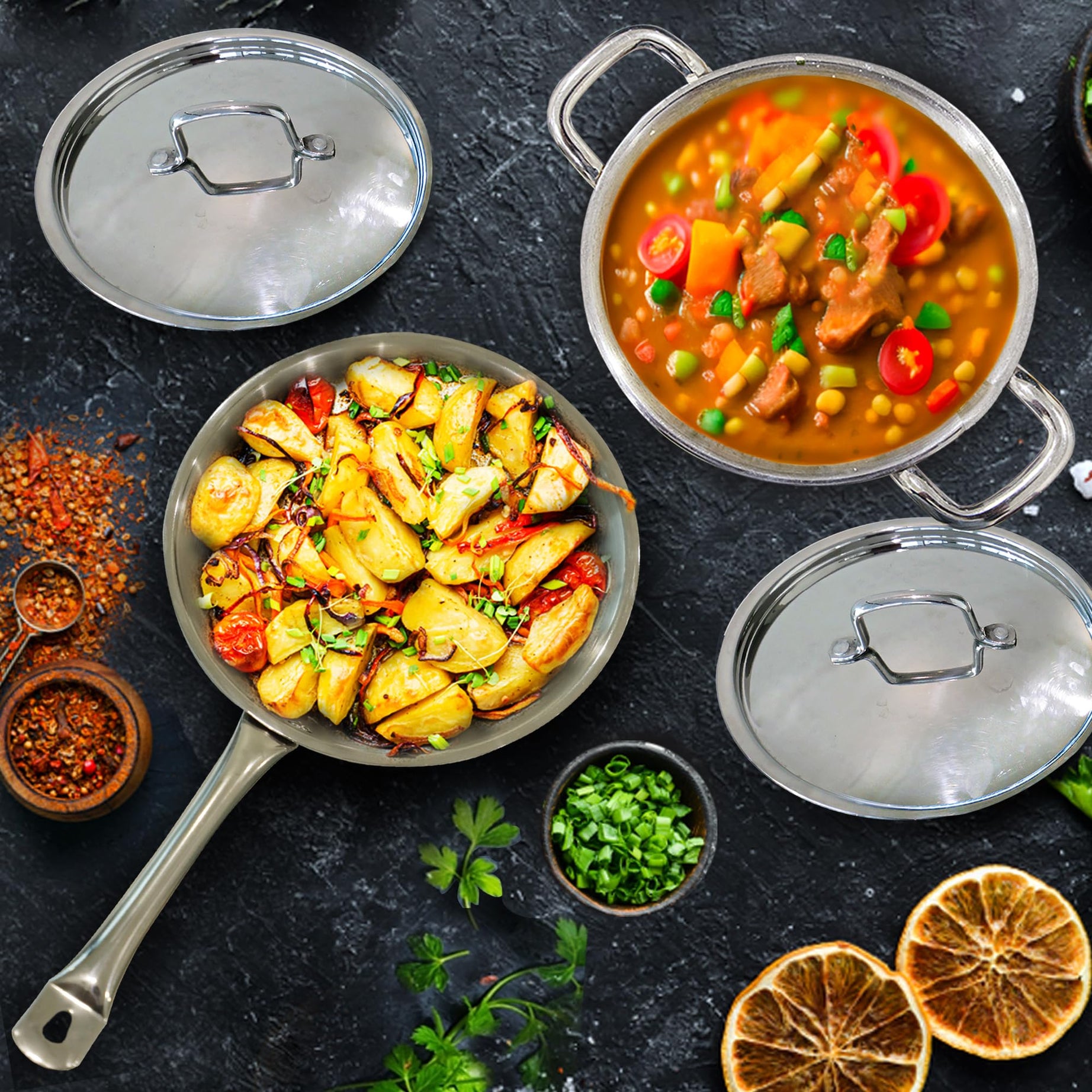 SOLARA Stainless Steel Triply Cookware Set | Fry Pan with Lid- 22 CM + Kadhai with Lid- 22 CM | Induction Friendly | Triply Stainless Steel Cookware