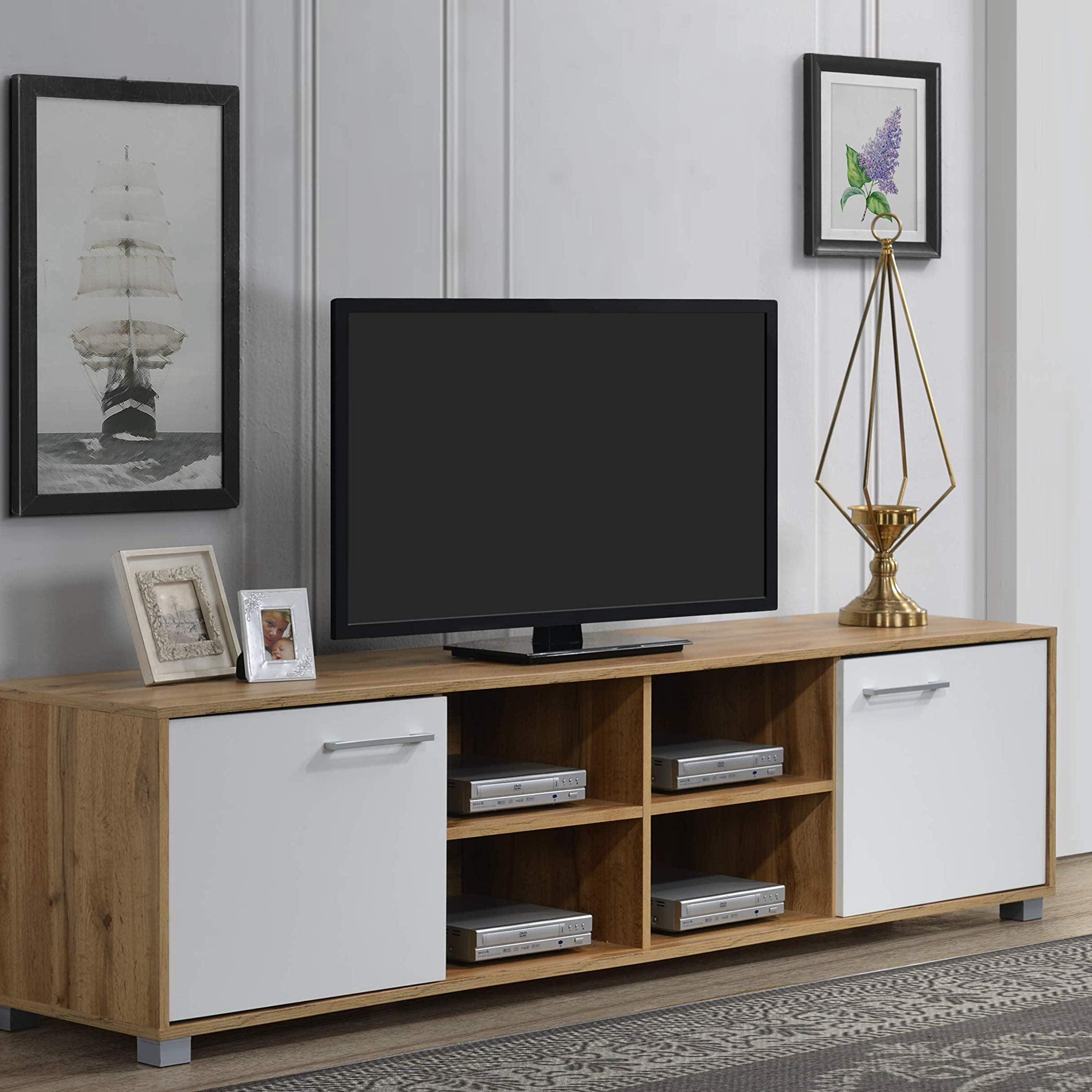 DeckUp Plank Uniti Engineered Wood 2 Door Entertainment Unit and TV Stand (Wotan Oak and White)