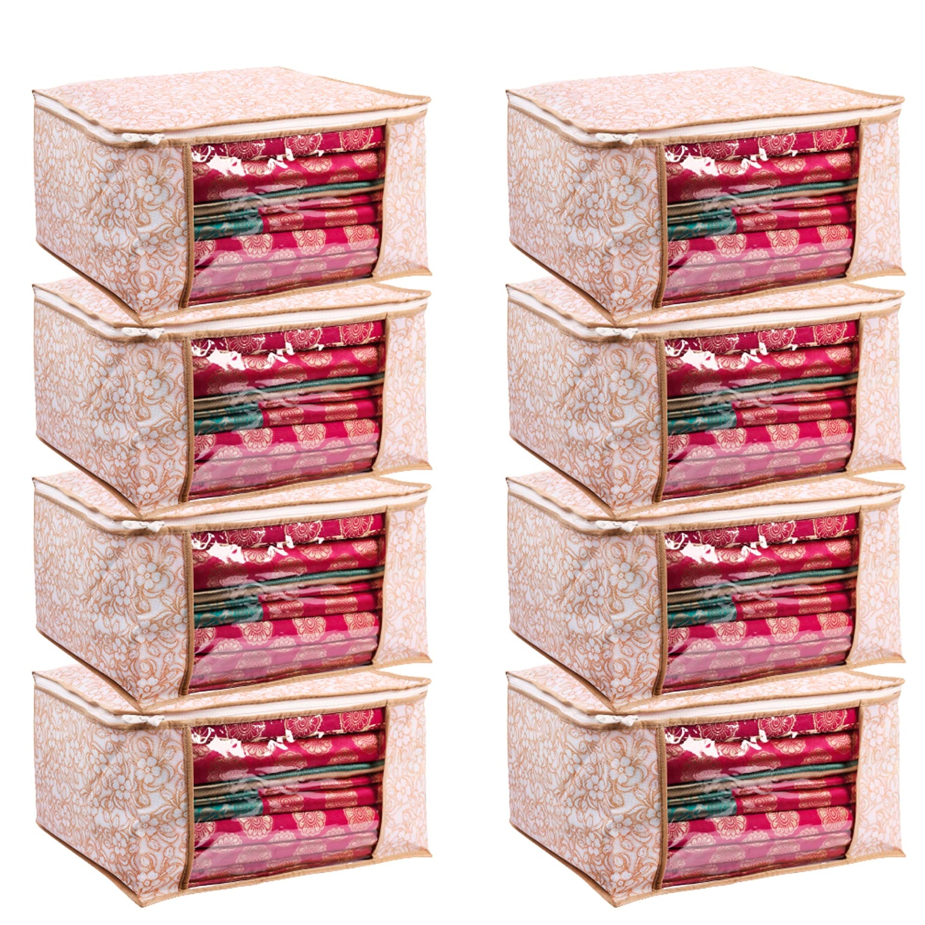 Storage Box for Clothes Foldable Clohes Ograniser for Wardrobe with Transparent Windor and Zipper Non Wowen Fabric Saree Covers Clothes Storage bag Ideal for Lehenga Saree Suit Dress Pack of 8