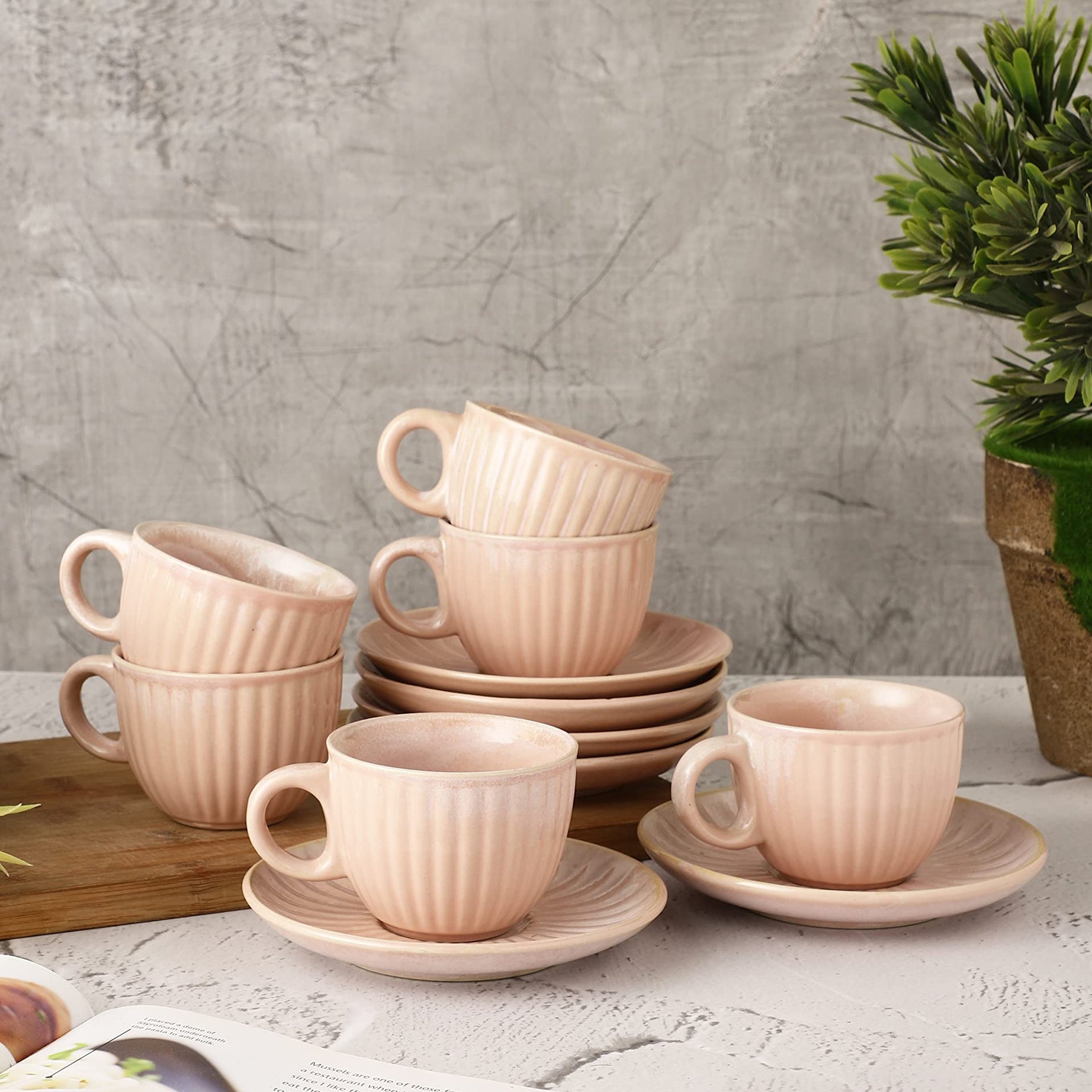 MIAH Décor Pink Glazed Stoneware Pottery Ceramic Tea Cup and Saucer Set of 6- Cup plate Set for Tea of 6 Tea Set Tea Coffee Cups Mugs Set ; Microwave & Dishwasher Safe