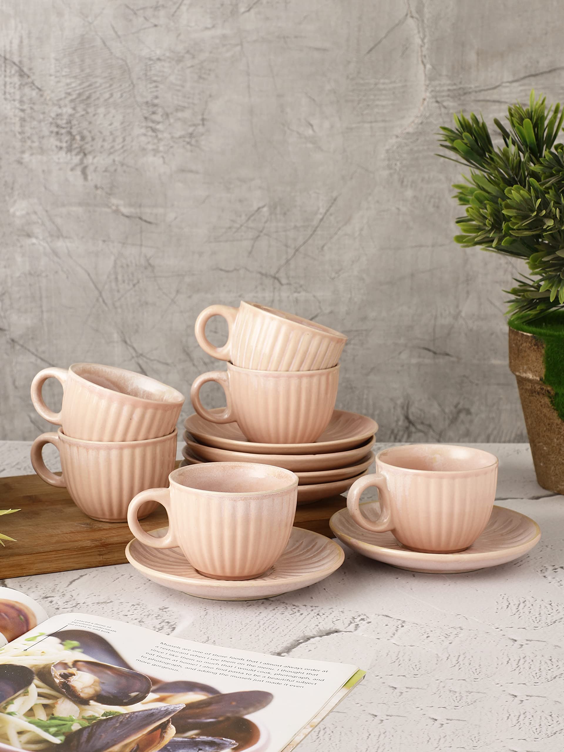 MIAH Décor Pink Glazed Stoneware Pottery Ceramic Tea Cup and Saucer Set of 6- Cup plate Set for Tea of 6 Tea Set Tea Coffee Cups Mugs Set ; Microwave & Dishwasher Safe