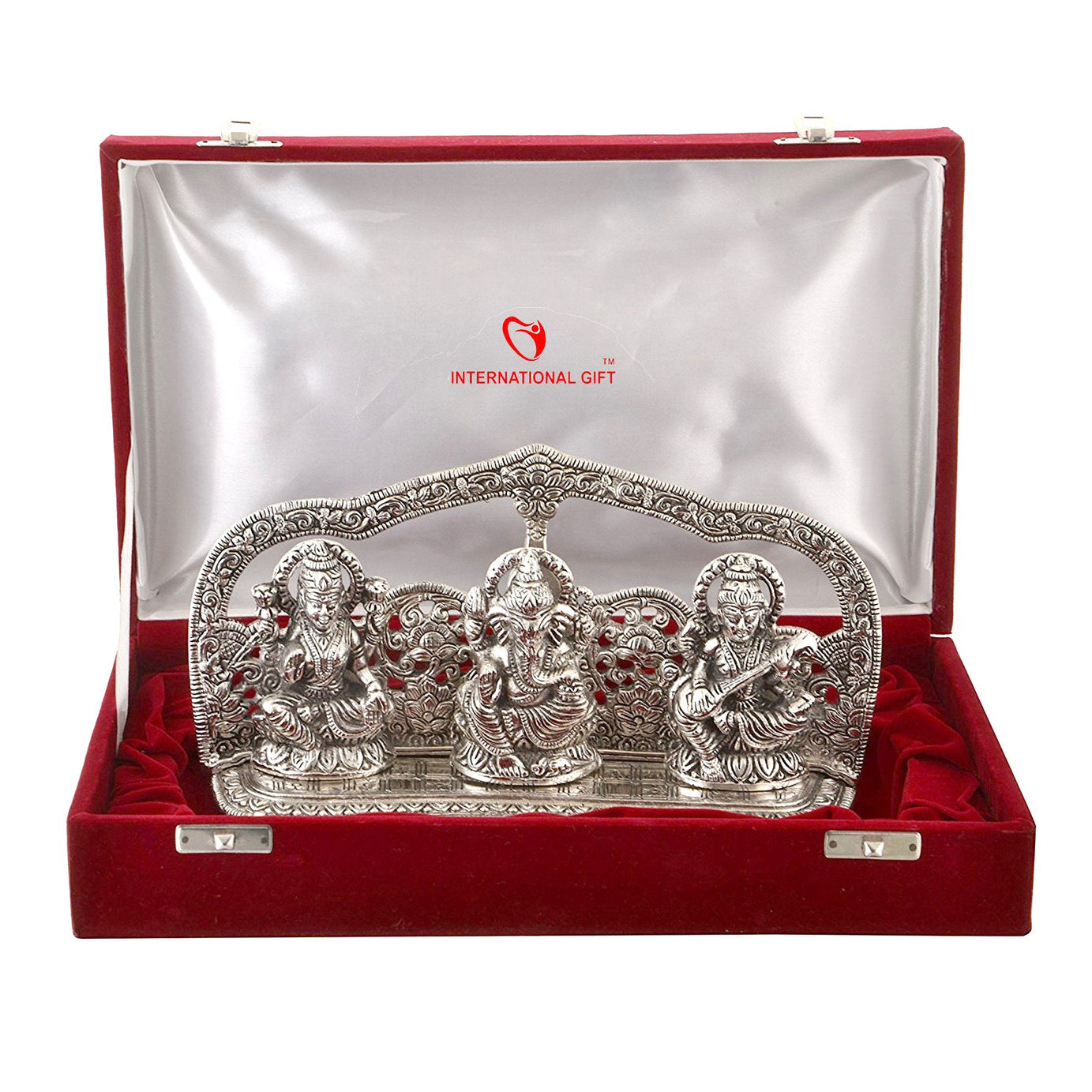 INTERNATIONAL GIFT® Silver Laxmi Ganesh Sarswati Idol Statue Oxidized Finish with Red Velvet Box Packing with Beautiful Carry Bag (14 cm X 25 cm X 5 cm)