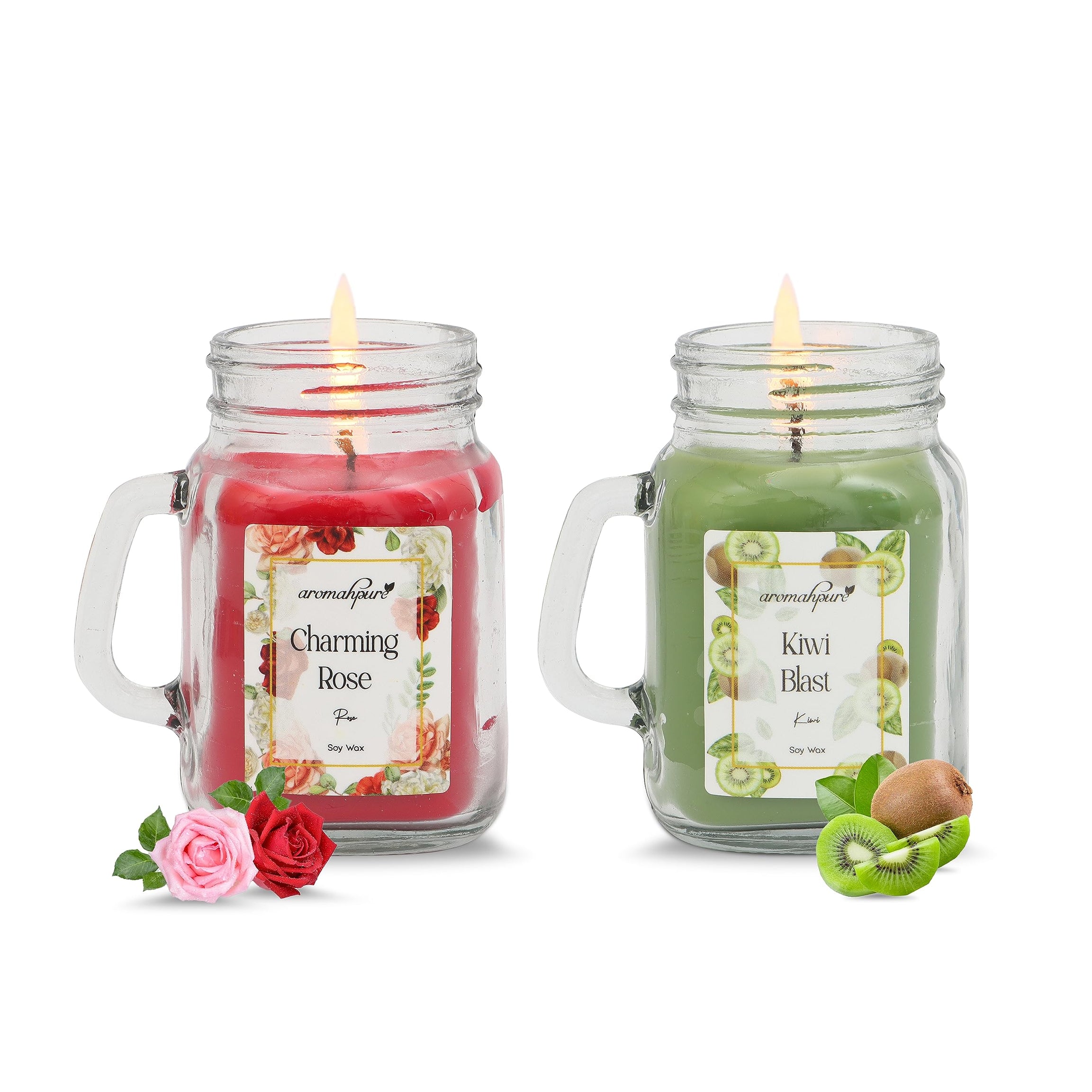 Aromahpure Mason Candle (60 Hours) | Rose, Kiwi Scented Candle | 100% Soy Wax, Smokeless Candle | Pack of 2 | Long Lasting Aroma Candles| Scented Candles for Home Décor