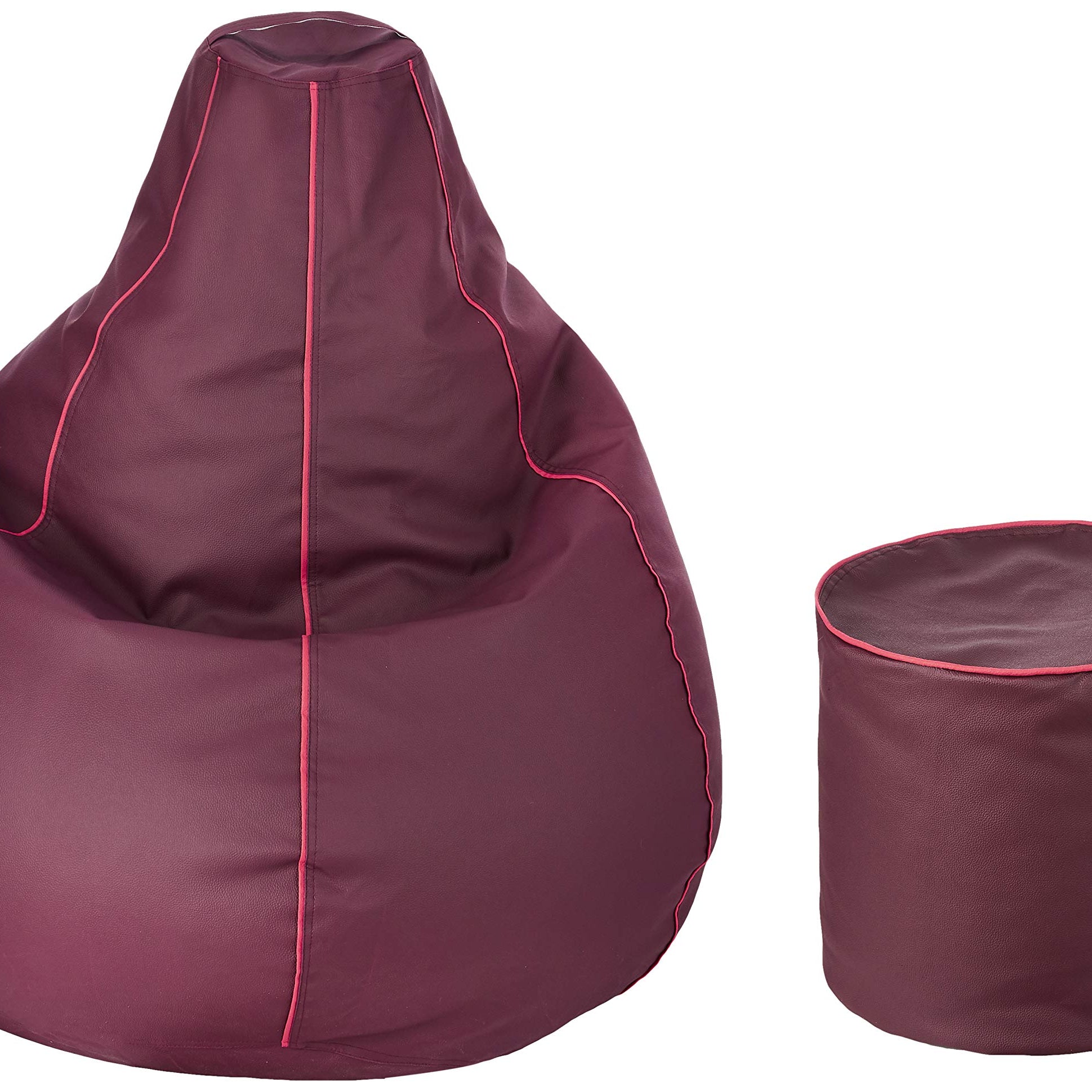 Amazon Brand - Solimo Combo Faux Leather Bean Bag Cover XXL & Round Pouffe Cover Without Beans (Maroon with Pink Piping)