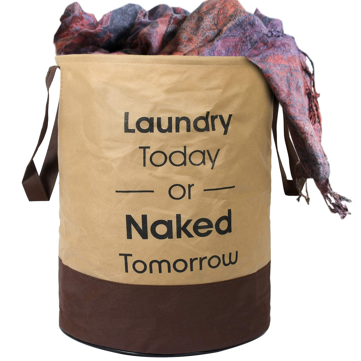 Kuber Industries Waterproof Round Non Wovan Laundry Bag/Hamper|Metalic Printed With Handles|Foldable Bin & 45 Liter Capicity|Size 37 x 37 x 49, Pack of 1 (Beige & Brown)-KUBMART11450