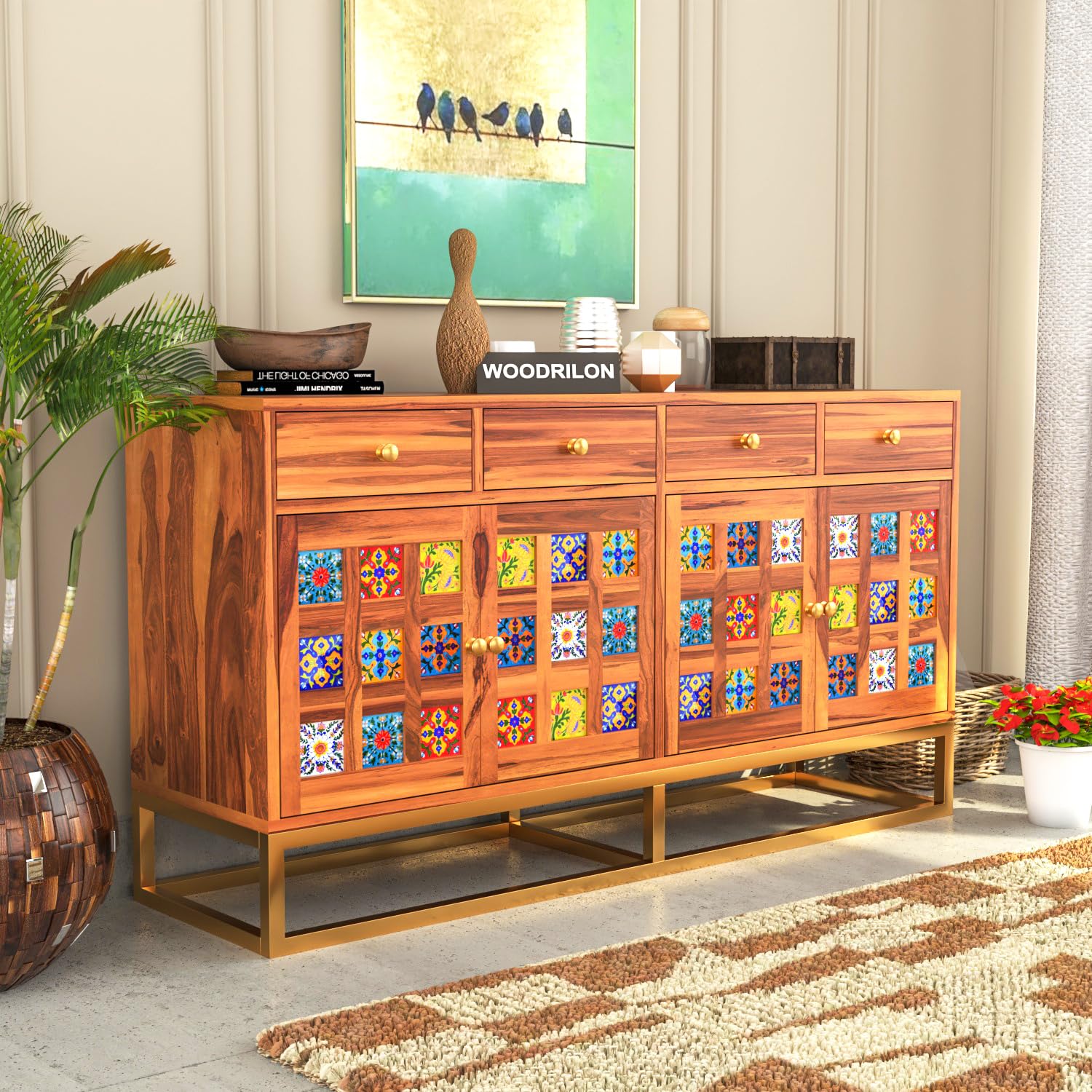 Woodrilon Solid Sheesham Wood Sideboard Cabinet - Elegant Storage Solution for Living Room, Bedroom, and Home Décor - Wooden Storage Console Cabinet with 4 Drawers & 4 Doors (Mavis, Honey Finish)