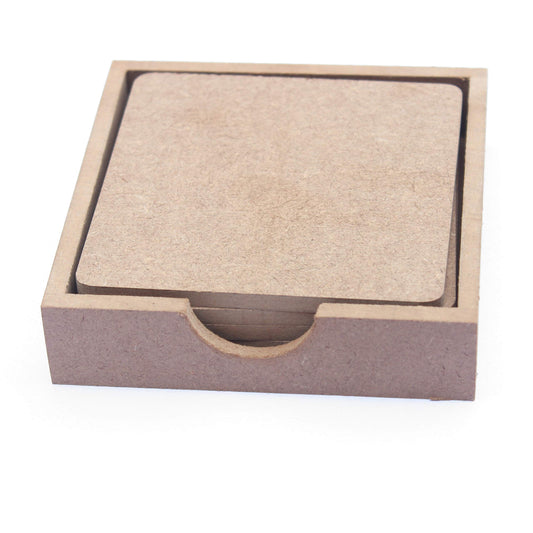 IVEI MDF DIY Square Coasters with Holder - Set of 4 Primer & Non-Primer (Non-Primer)