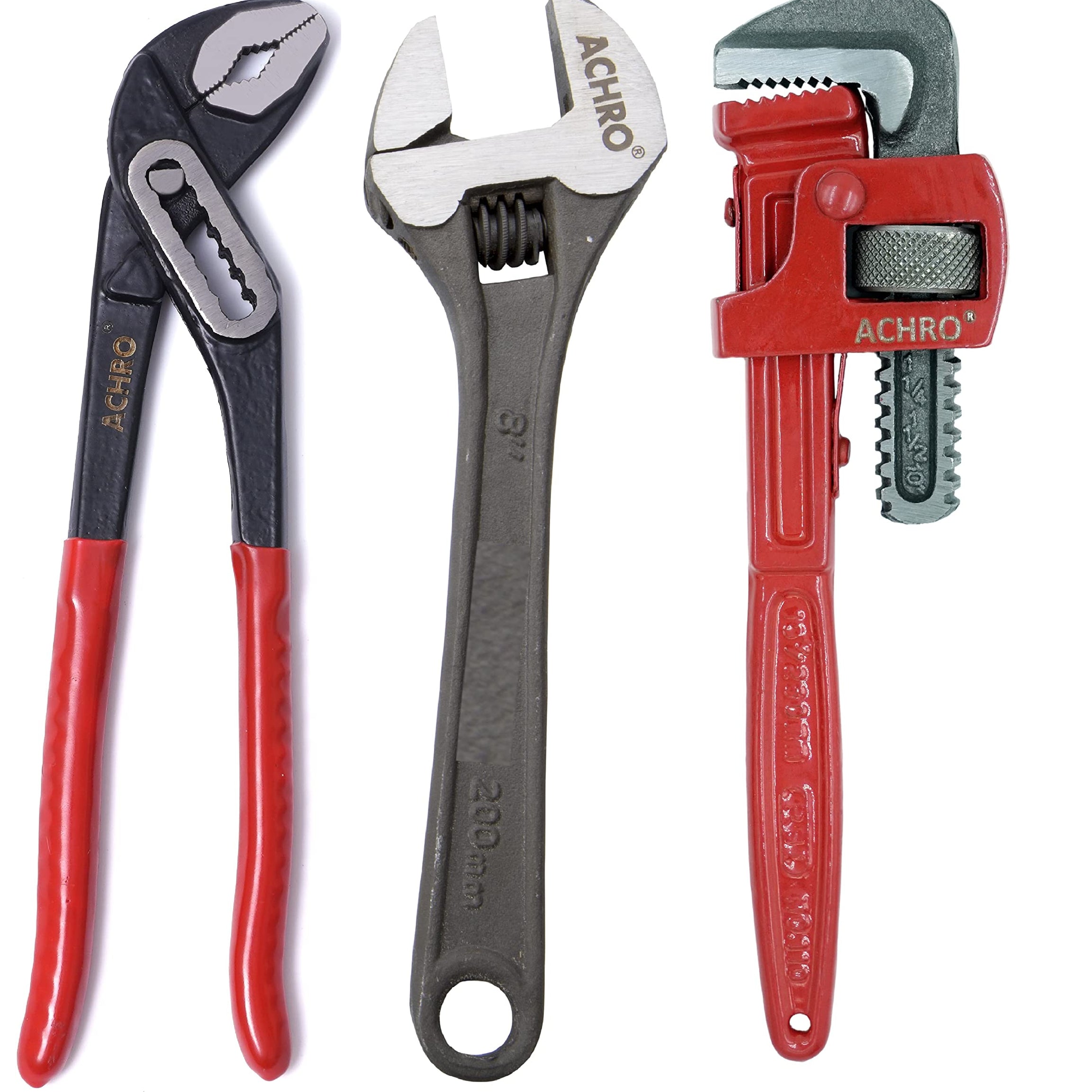 ACHRO Kit Of 3 Tools Plumbing Kit (Contains 10 Inch Water Pump Plier, 10 Inch Pipe Wrench, 8 Inch Adjustable wrench) Multipurpose Tool Kit Set for All Jobs, Open End, Flexible end