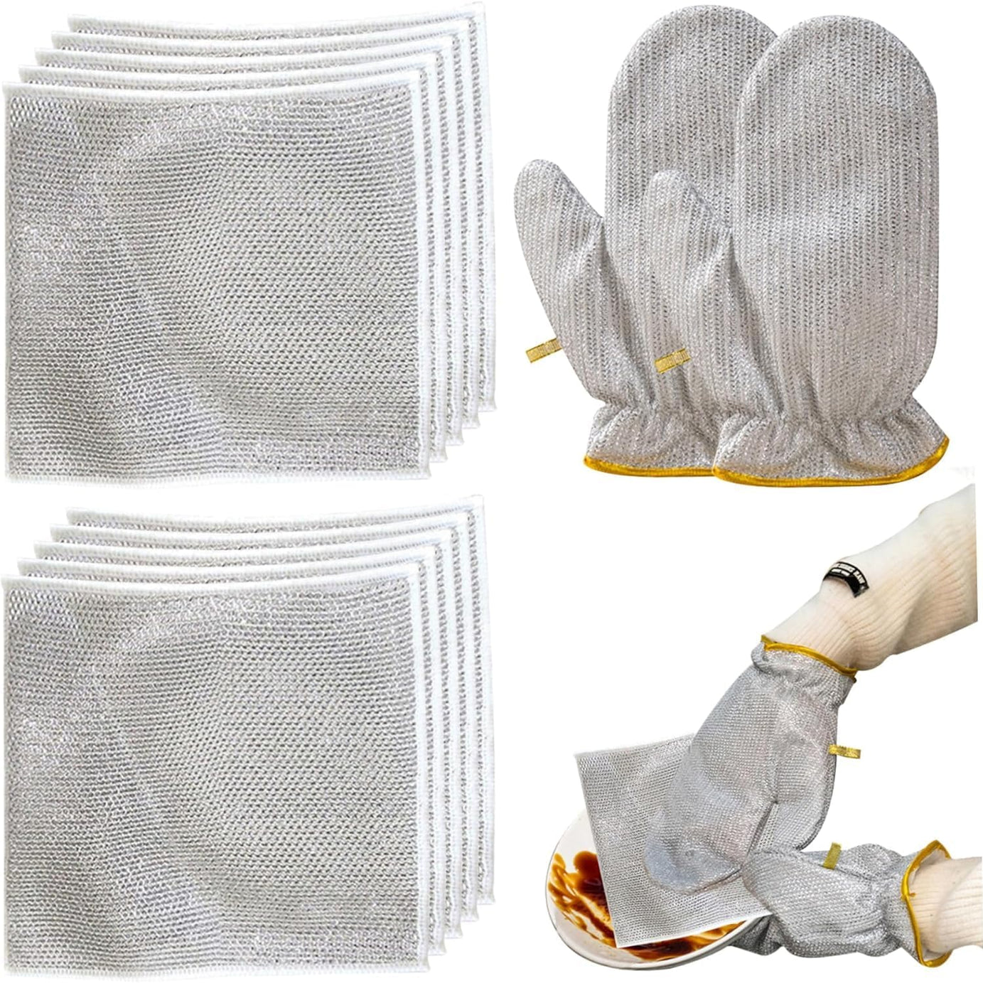 AHome Hub Non-Scratch Wire Dishcloth & Gaps Cleaning Gloves, Multipurpose Wire Dishwashing Rags for Wet and Dry, Easy Rinsing, Reusable, Wire Cleaning Cloth for Kitchen, Sinks (5 Cloth + 2 Gloves)