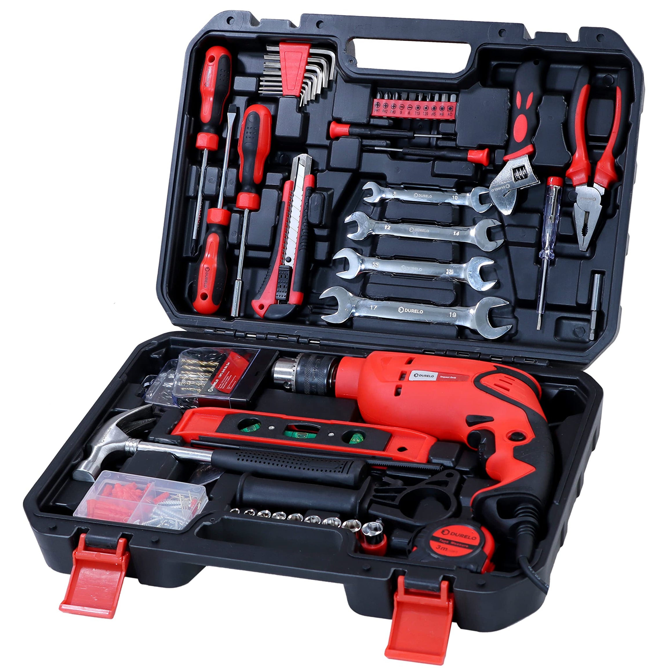 DURELO HTK-144 Corded-Electric Drill Tool Kit (Red, Set of 144 Tools) for Home and Professional Use, 1-13 mm Chuck Capacity