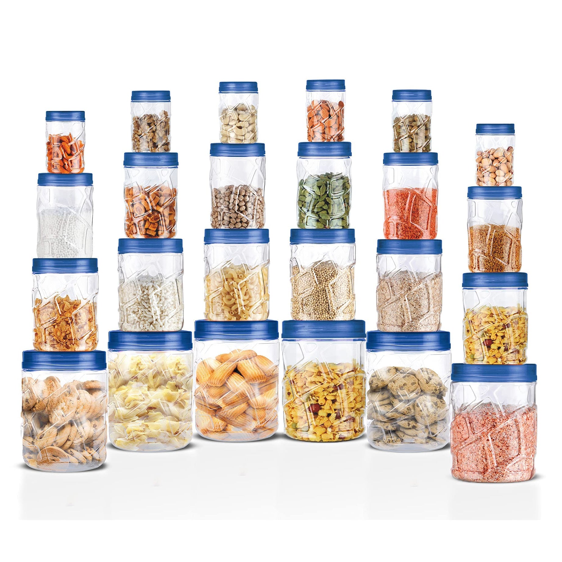 MILTON Vitro Plastic Pet Storage Jar and Container, Set of 24 (6 pcs x 300 ml Each, 6 pcs x 700 ml Each, 6 pcs x 1.4 Ltrs Each, 6 pcs x 2 Ltrs Each), Blue | Air Tight | Kitchen Organiser | BPA Free