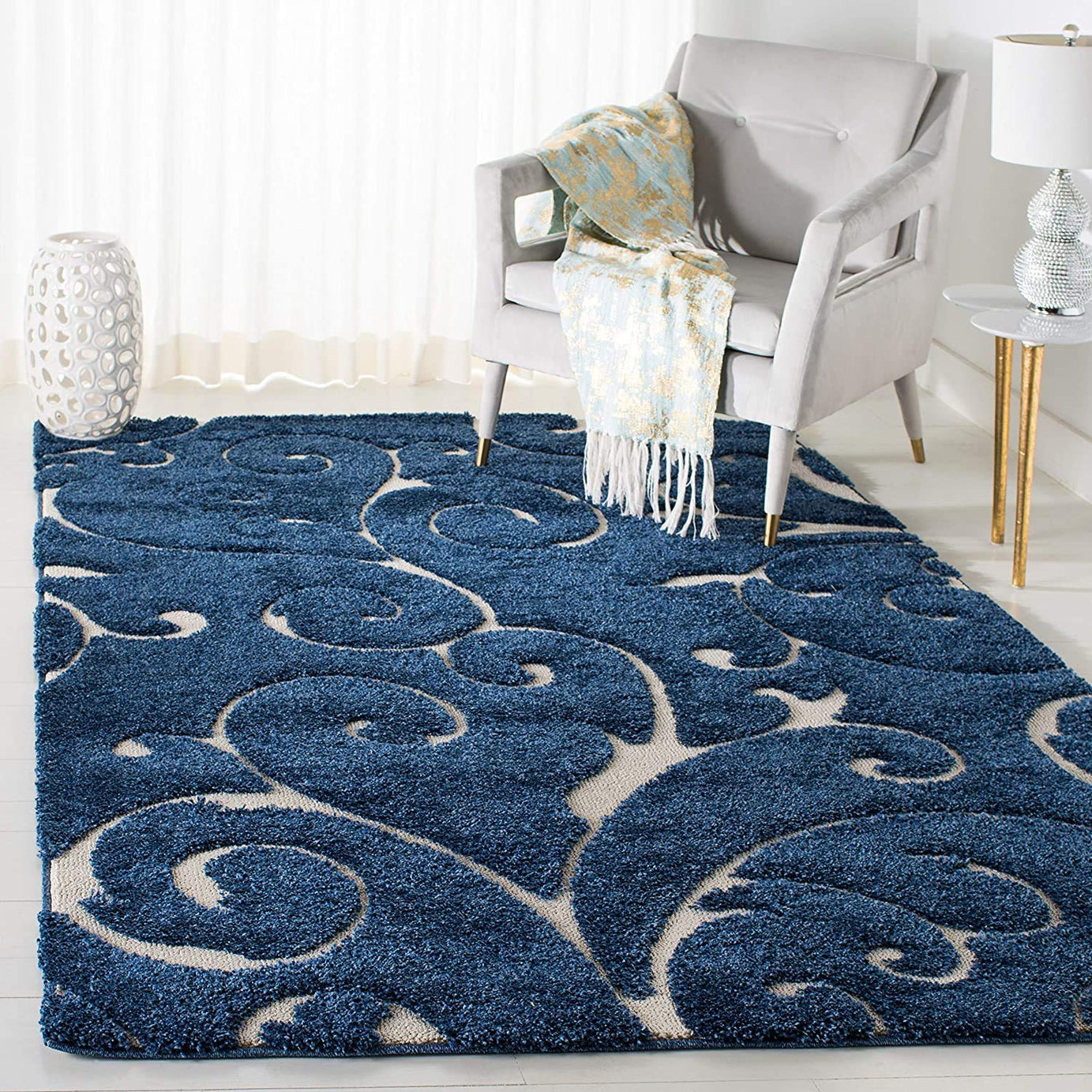 ARSALAN RUGS Handwoven Fluffy Soft Shaggy Carpet with 2 "Inch pile Height Carpet for living room-Bedroom and Hall Size (7X10 Feet) Floral Blue