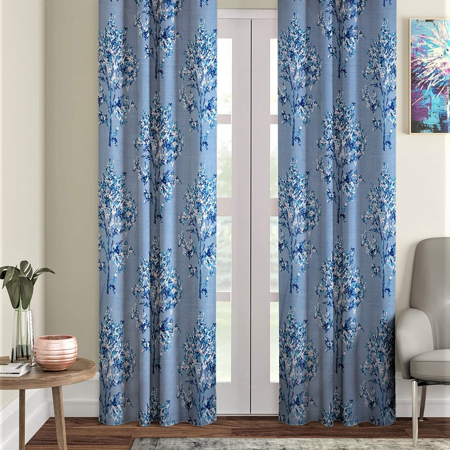 Fashion String Polyester Blossoms Eyelet Door Curtains (7 Feet, Blue, Pack of 2 Piece, Eyelet, String, Washable)