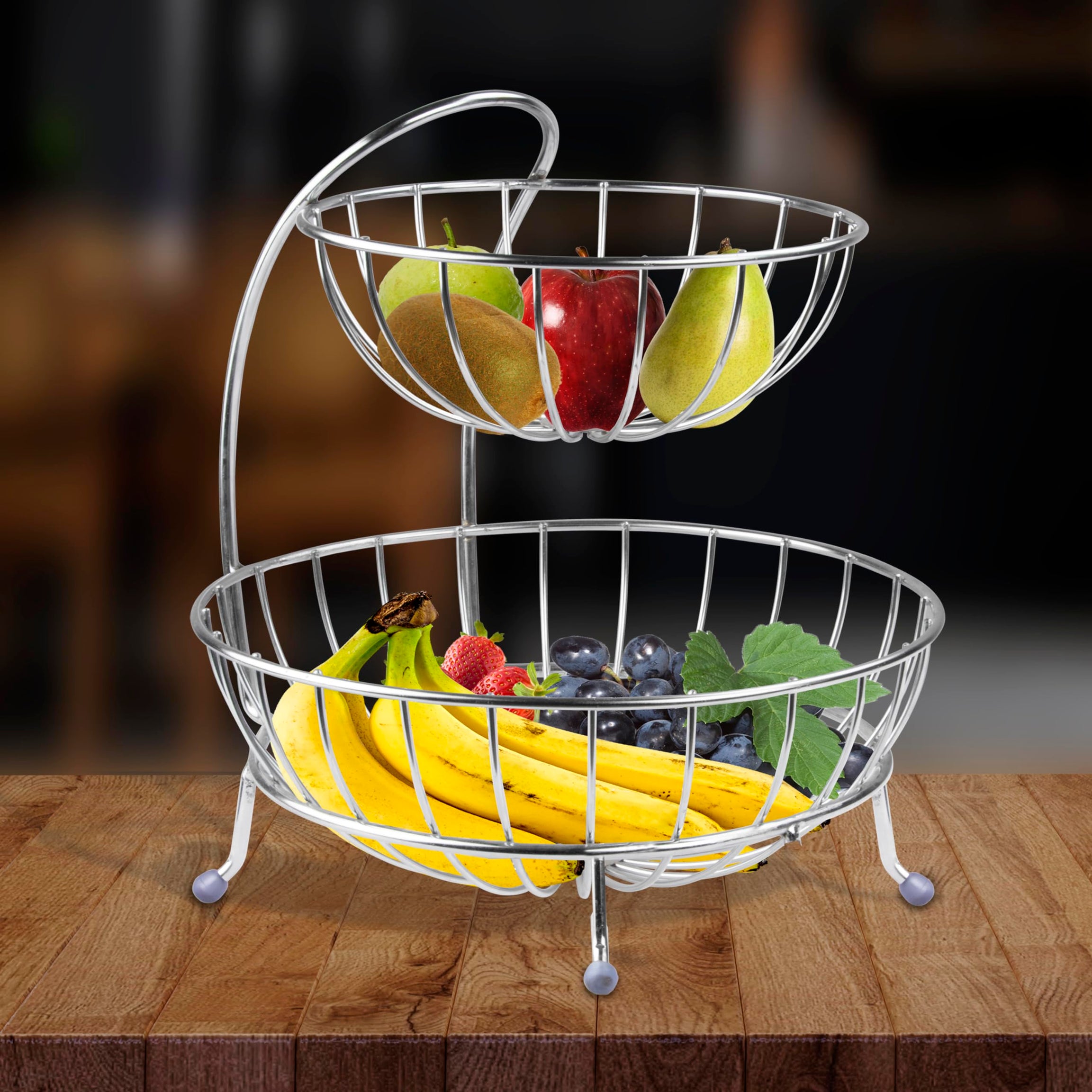 Planet Stainless Steel 2 Tier Fruit Basket/Fruit and Vegetable Basket for Dining Table/Fruit Stand for Kitchen/Vegetable Stand/Countertop Fruit Bowl/Fruits Organizer (Silver)