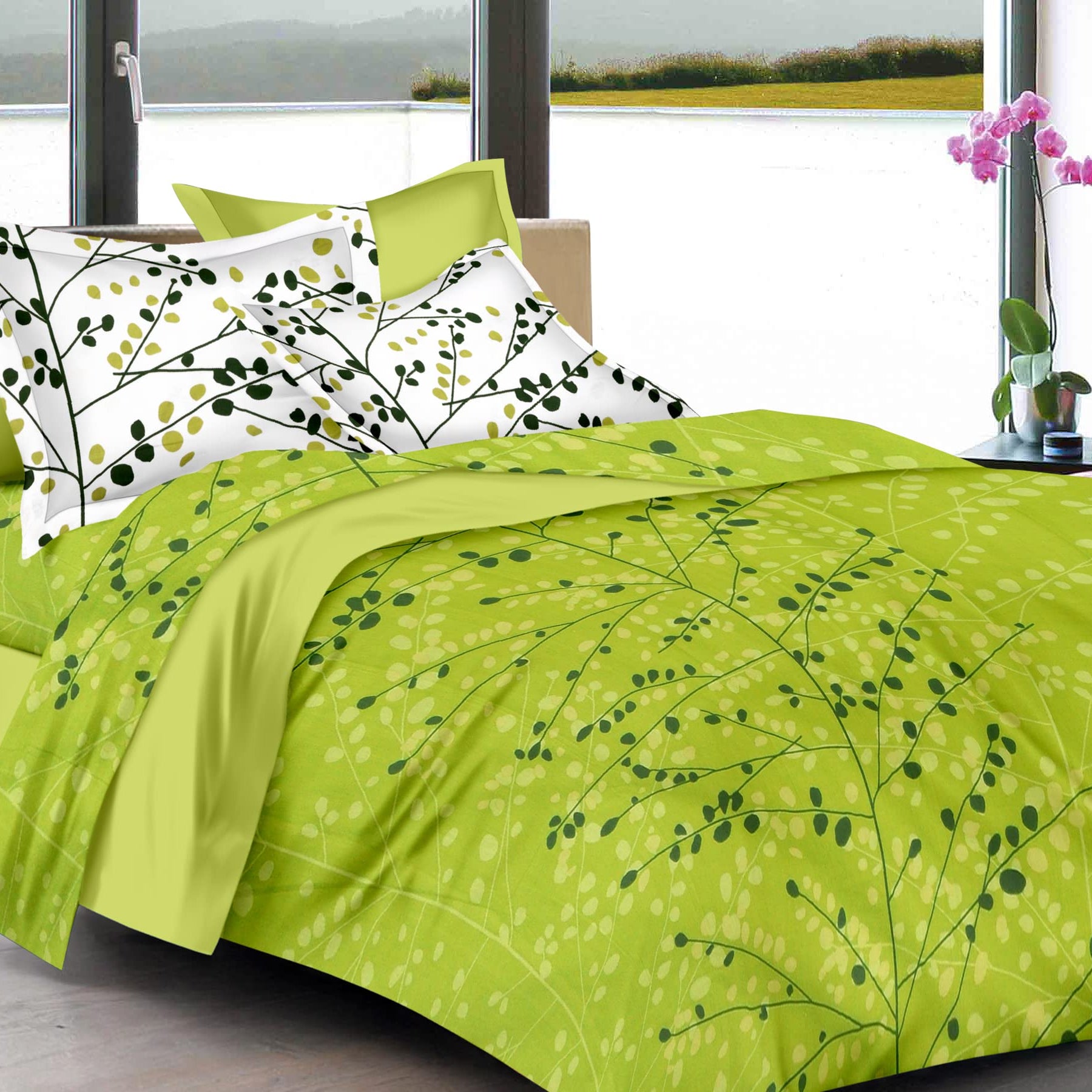 Huesland by Ahmedabad Cotton 144 TC Cotton Single Bedsheet with 1 Pillow Cover - Green,Modern