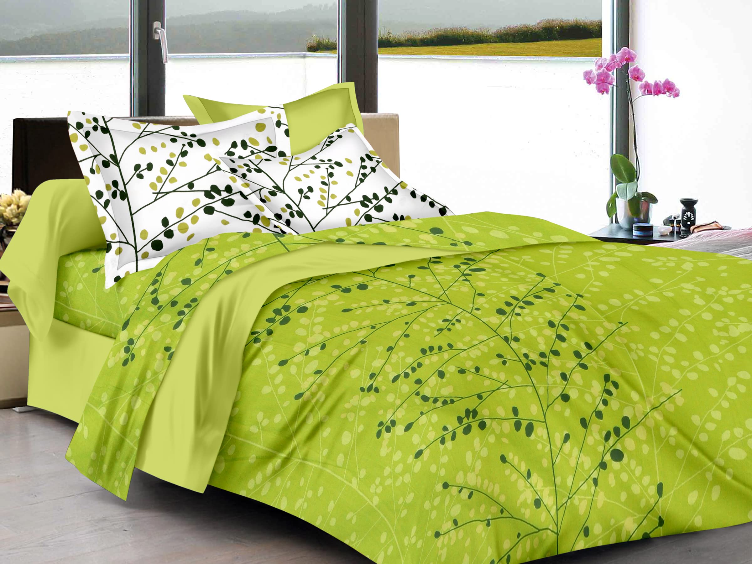 HUESLAND by Ahmedabad Cotton 144 TC Cotton Bedsheet for Double Bed with 2 Pillow Covers - Green