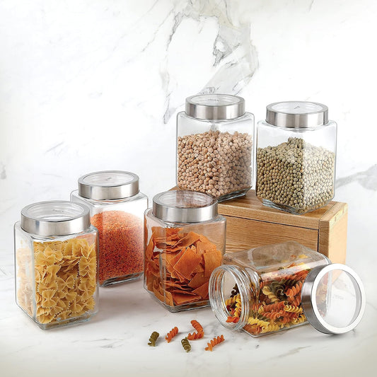 CELLO Qube Fresh Glass Storage Jar | Container with Air tight Silver Metal Lid | Multipurpose Jar | For Storage of Food, Pulses, Spice, Cereals, Cookies, Dry Food | Set of 6, 800ml, Clear