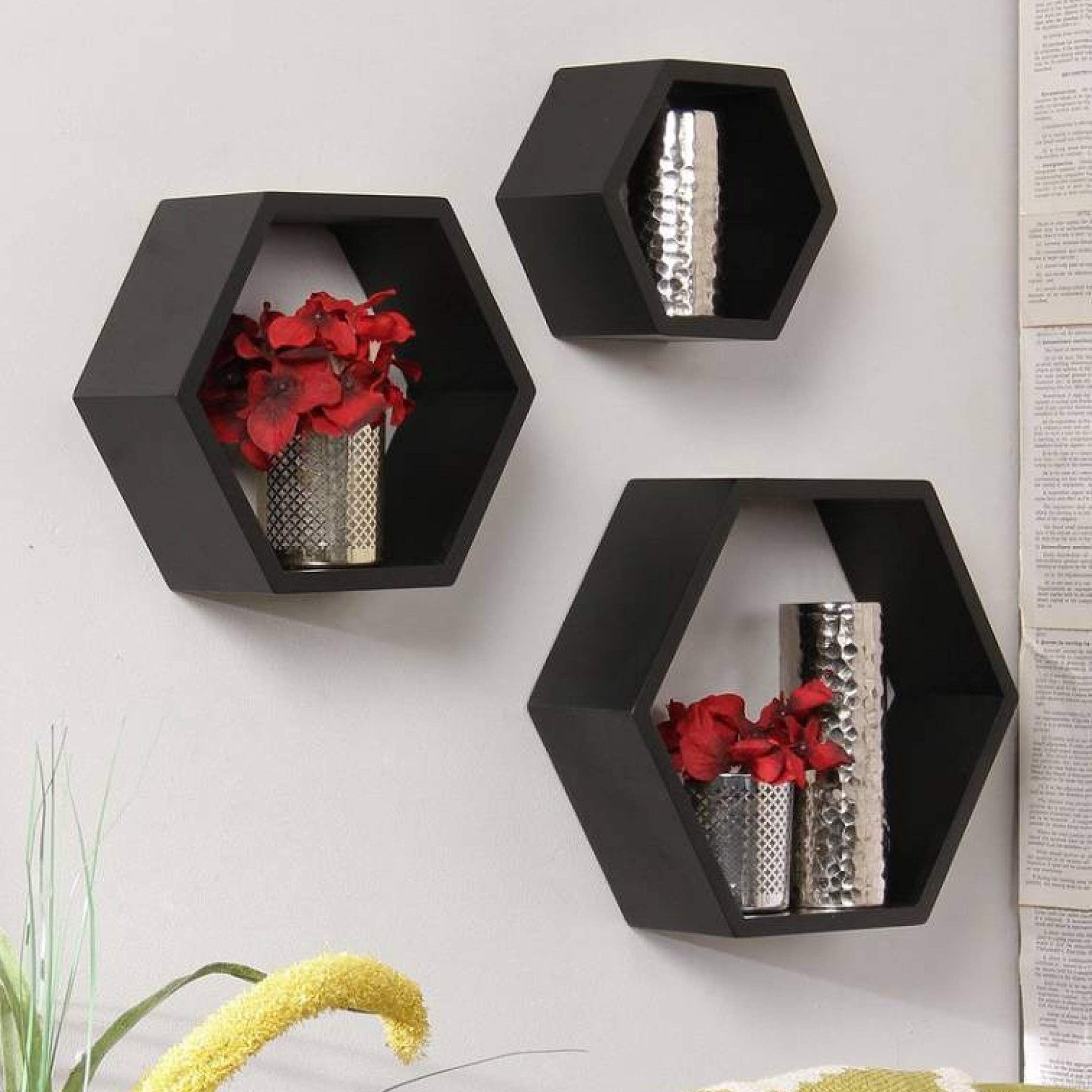 TechHark Wall Shelf, Home Decor, Living Room Decorative Self, Office Decore Shleves, (Hexa Black 3) Polypropylene