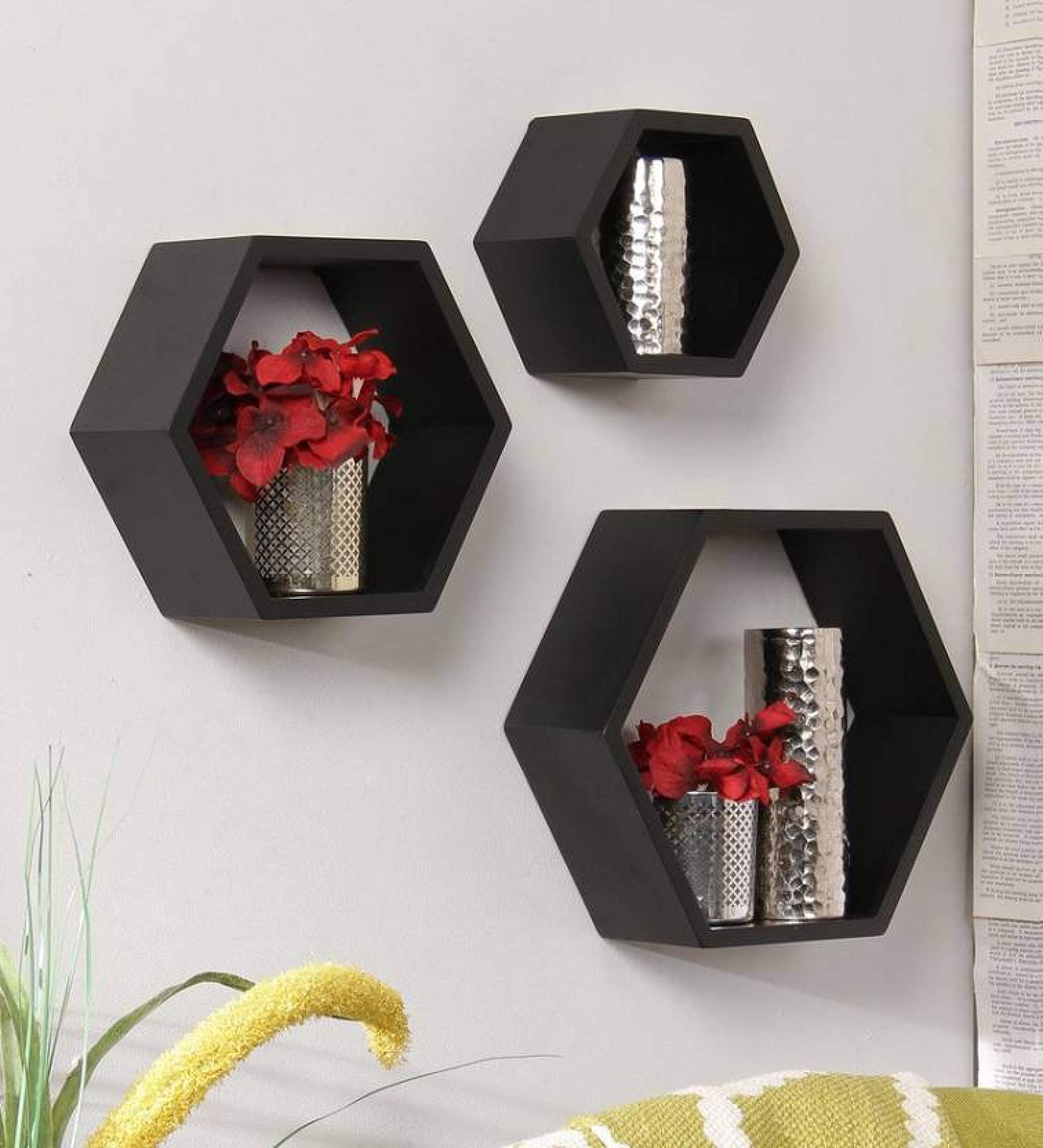 TechHark Wall Shelf, Home Decor, Living Room Decorative Self, Office Decore Shleves, (Hexa Black 3) Polypropylene