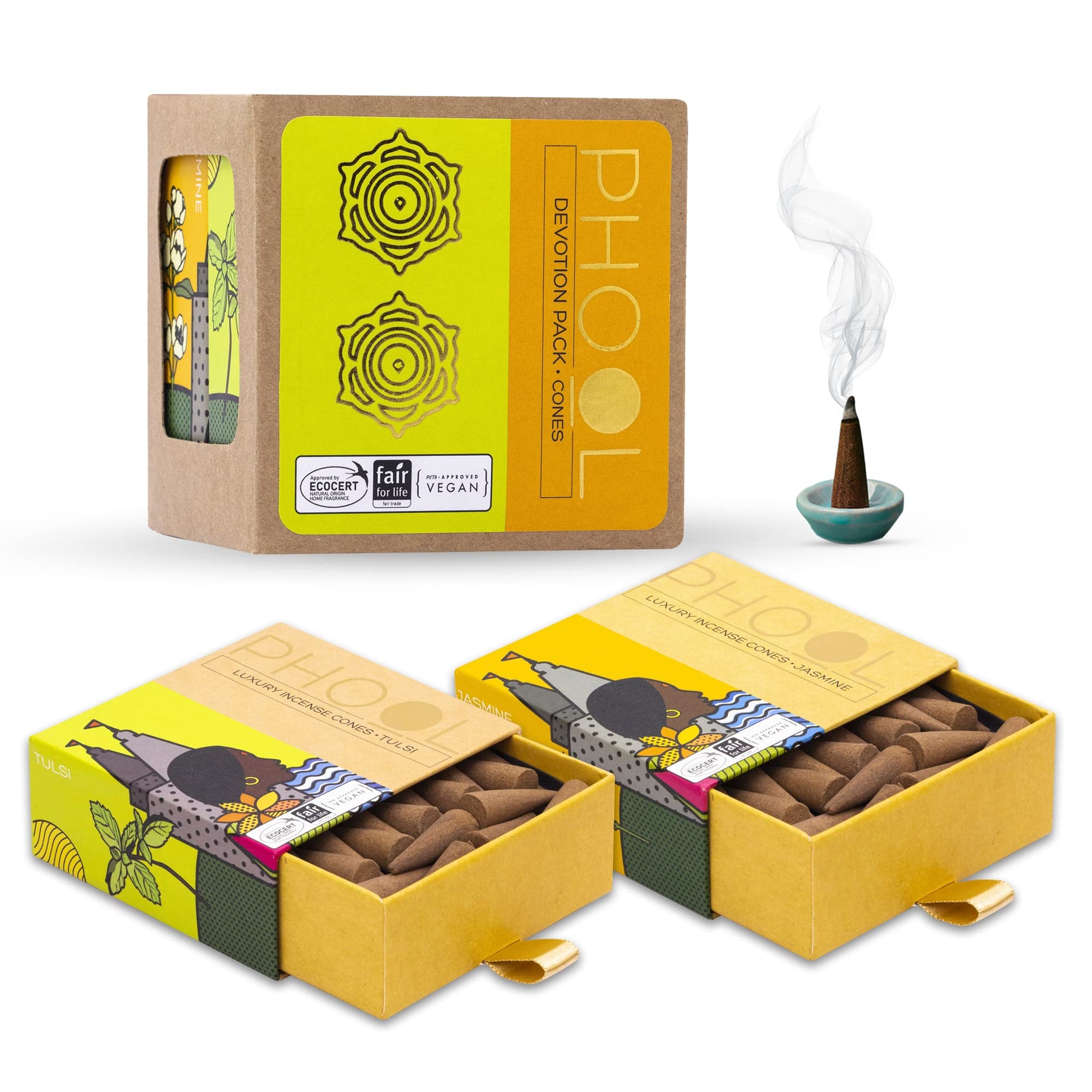 Phool Devotion Pack of 2 Natural Incense Cones | Fragrance - Tulsi & Jasmine | Special Char Dham Yatra Pack | 80 Natural & Organic Dhoop Cones for Pooja | Free Dhoop Stand Inside